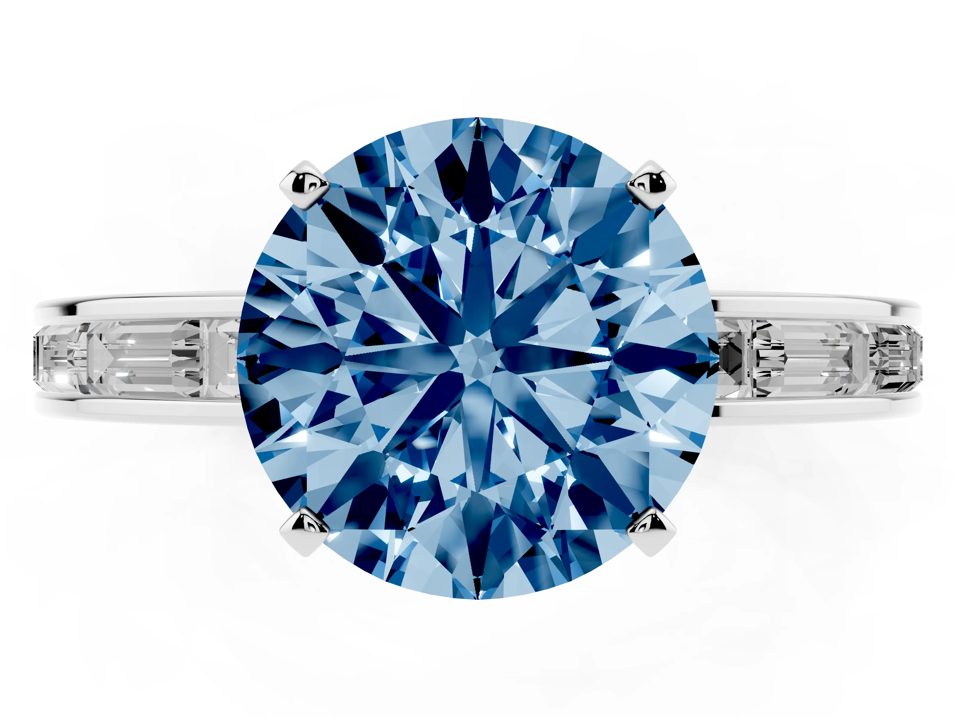 Fancy Blue Round Cut Diamond Solitaire Ring Set in Platinum with Channel-Set Baguette Band and Prong Setting