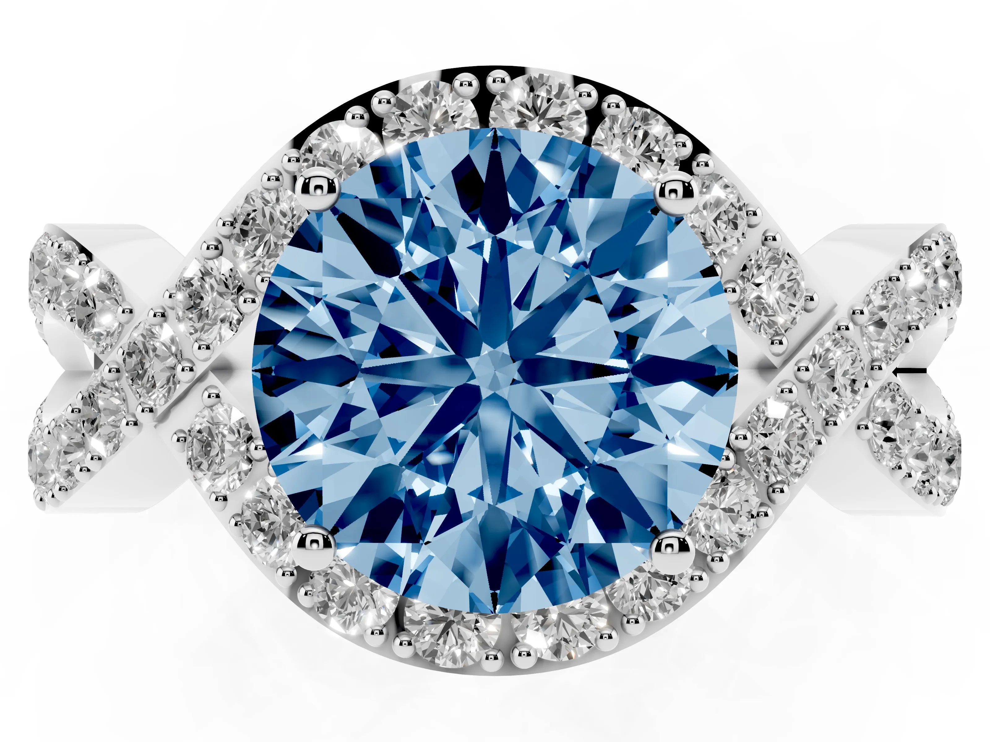 Fancy Blue Round Cut Diamond Solitaire Twist Band Pavé Engagement Ring Set in White gold