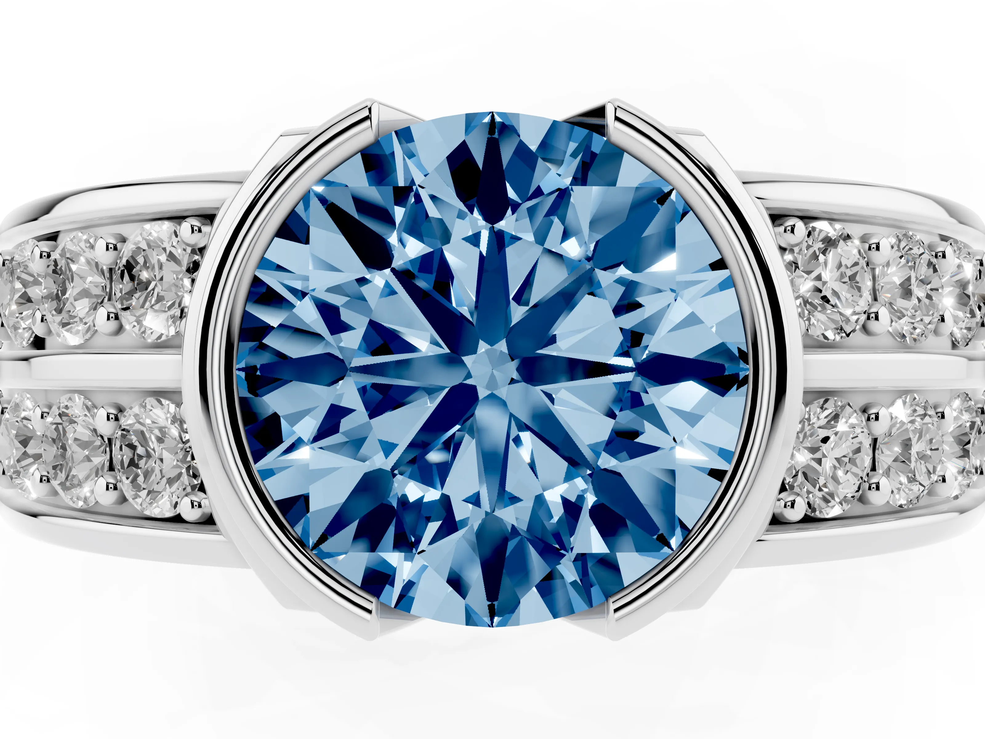 Fancy Blue Round Cut Diamond Wide Channel Set Band Ring Set in White gold with Bezel Setting