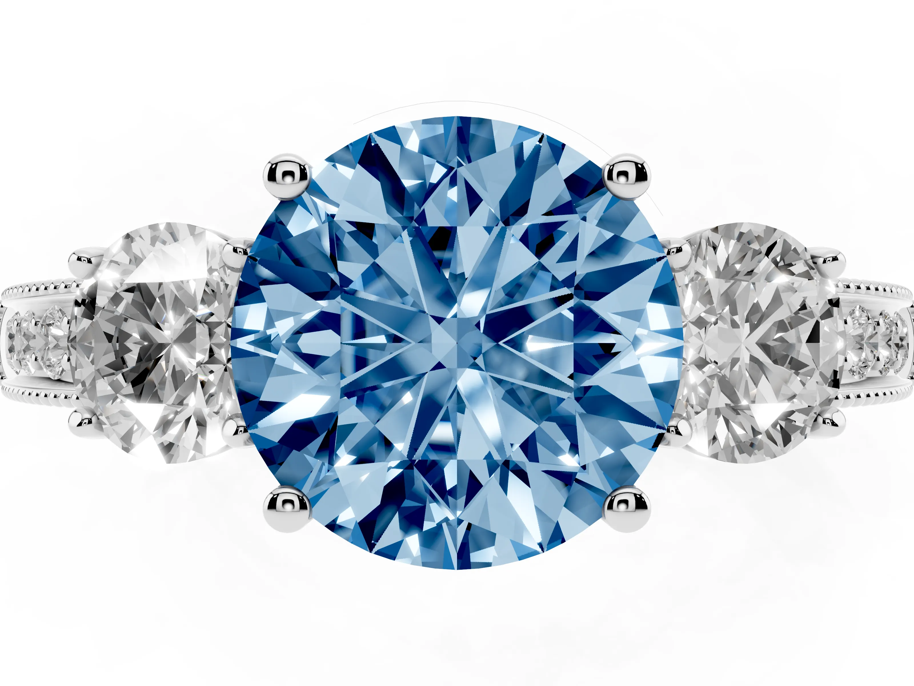 Fancy Blue Round Cut Diamond Three-Stone Ring Set in White gold with Round Side Stones and Pavé Band