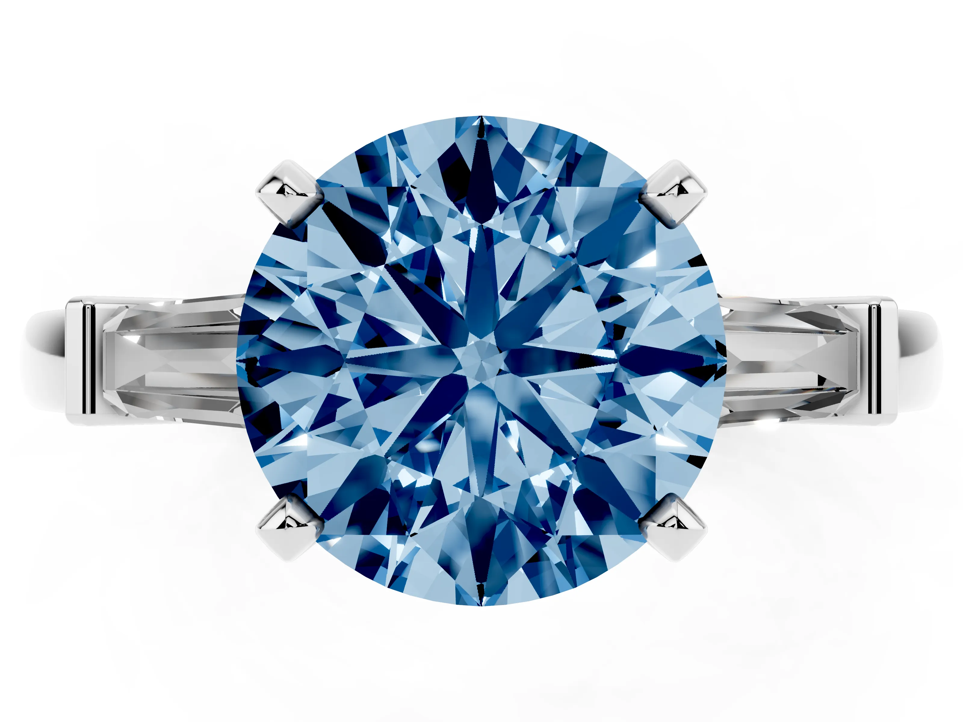 Fancy Blue Round Cut Diamond Solitaire Ring Set in White gold with Tapered Baguette Accents and Prong Setting