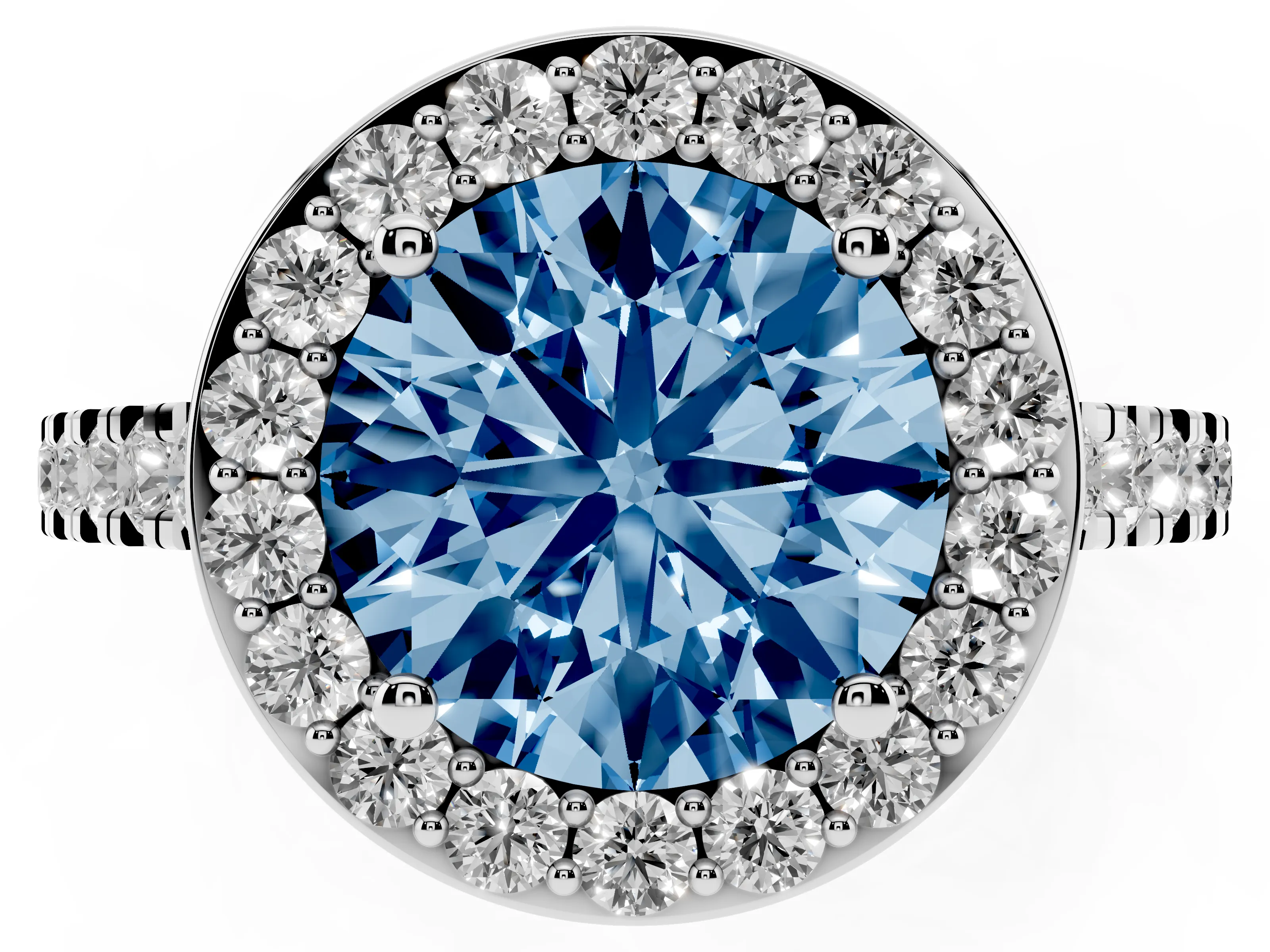 Fancy Blue Round Cut Diamond Halo Ring Set in Platinum with Round Pavé Split Shank and Prong Setting