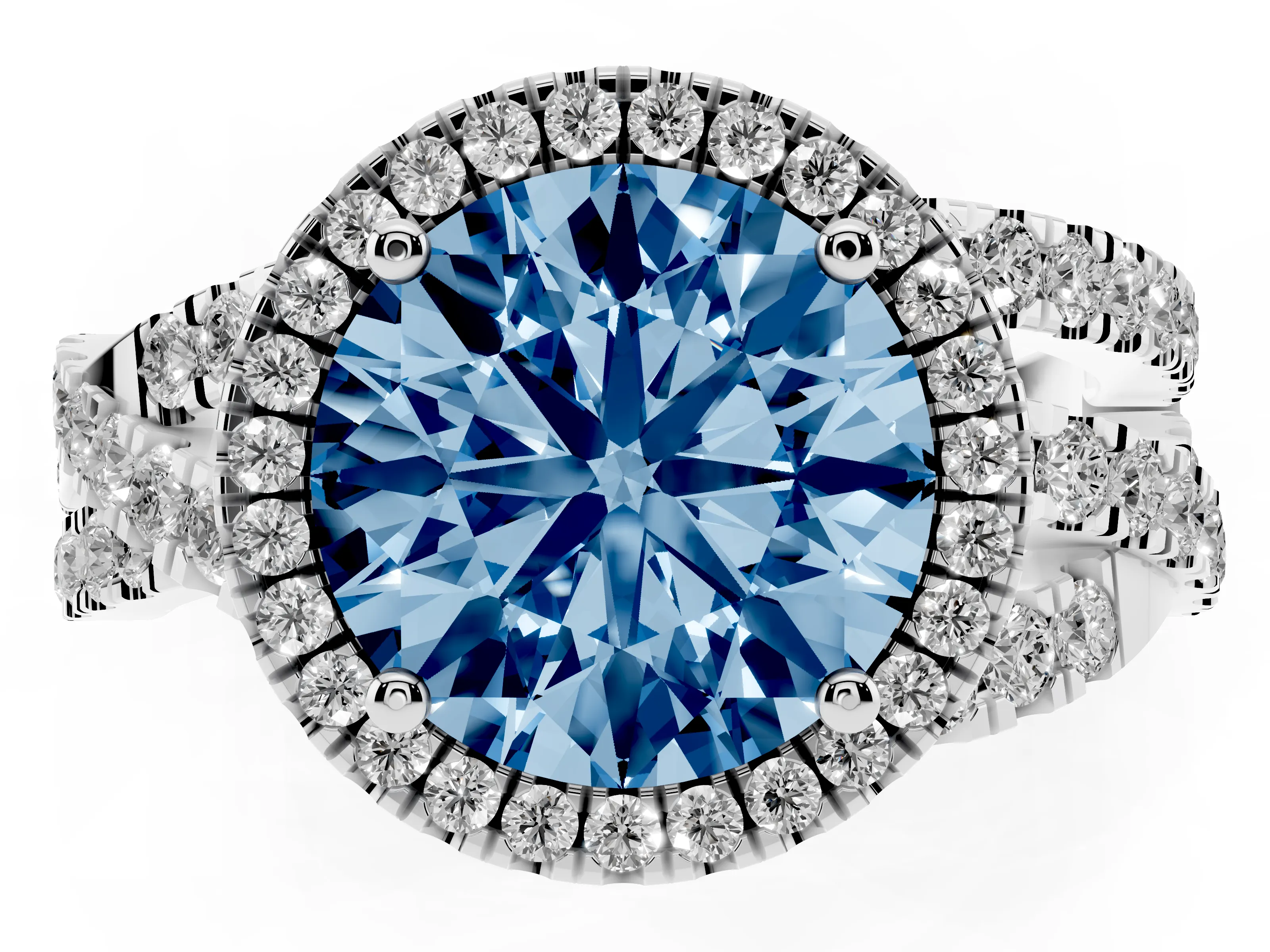 Fancy Blue Round Cut Diamond Halo Ring Set in Silver with Round Crossover Split Shank and Prong Setting