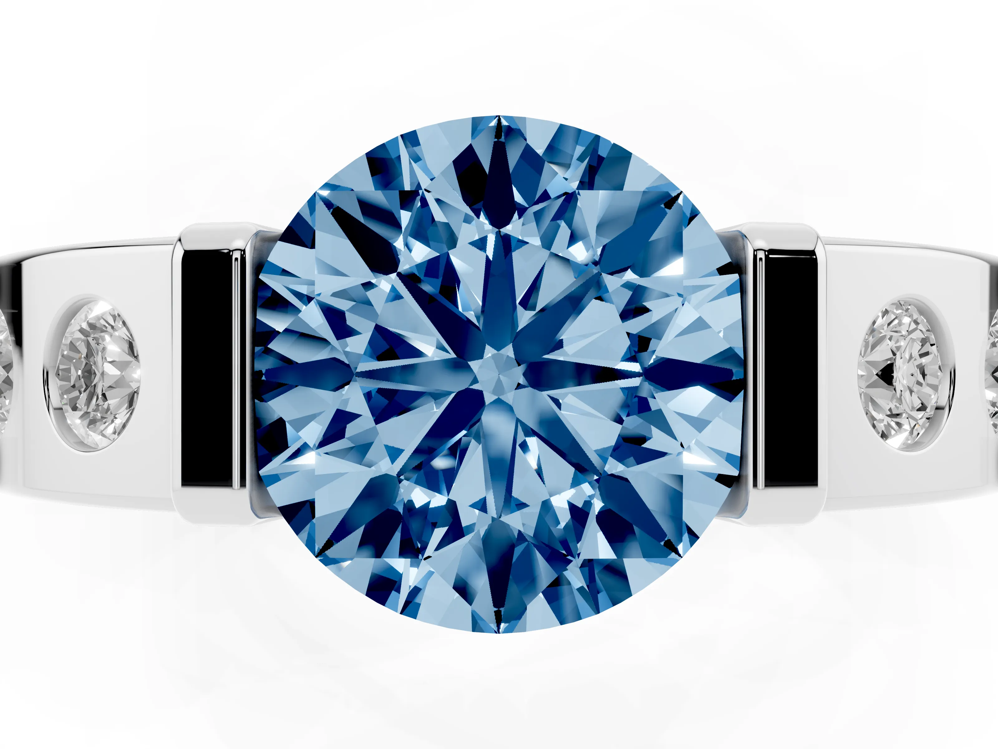Fancy Blue Round Cut Diamond Channel-Set Band Ring Set in White gold with Bezel Prong Setting