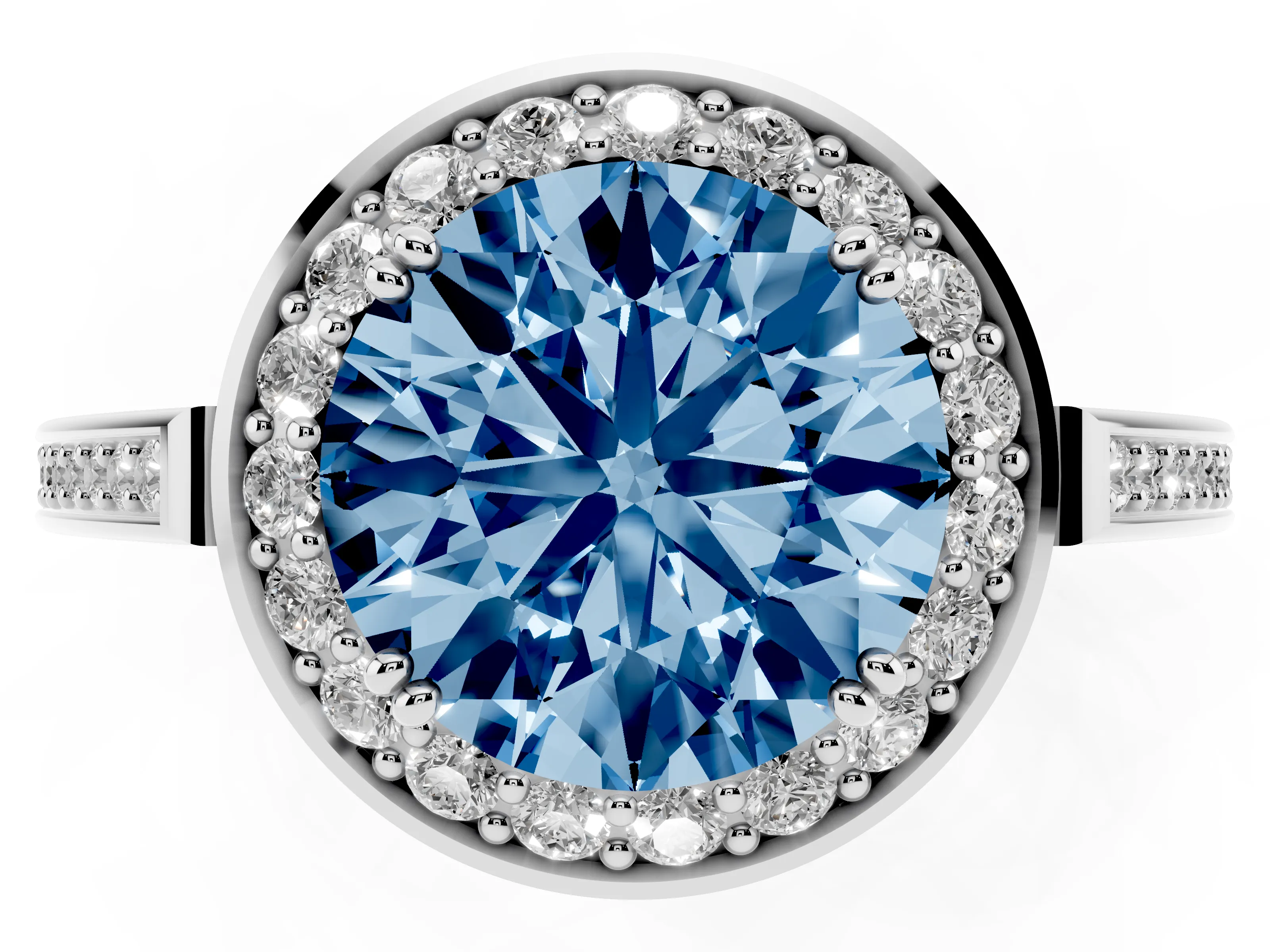 Fancy Blue Round Cut Diamond Halo Ring Set in Silver with Accent-Lined Split Shank and Prong Setting