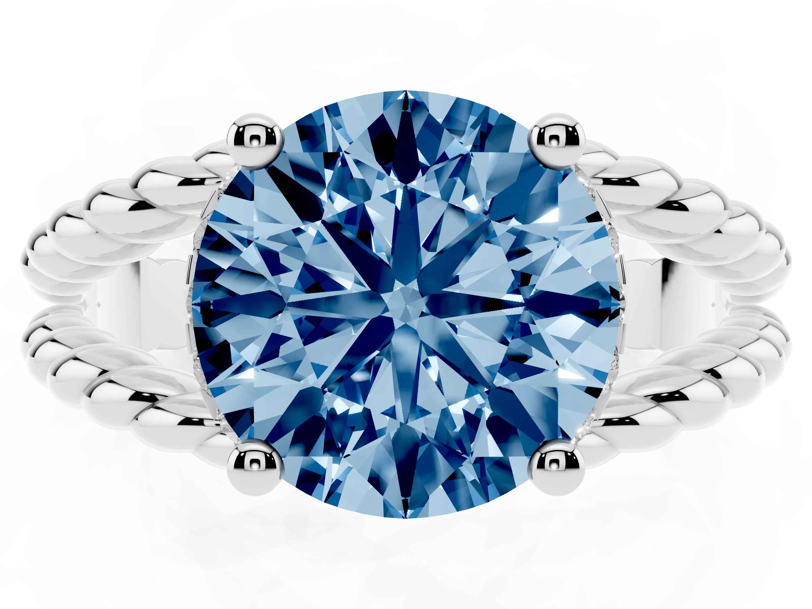 Fancy Blue Round Cut Diamond Halo Ring Set in Platinum with Twisted Band and Prong Setting