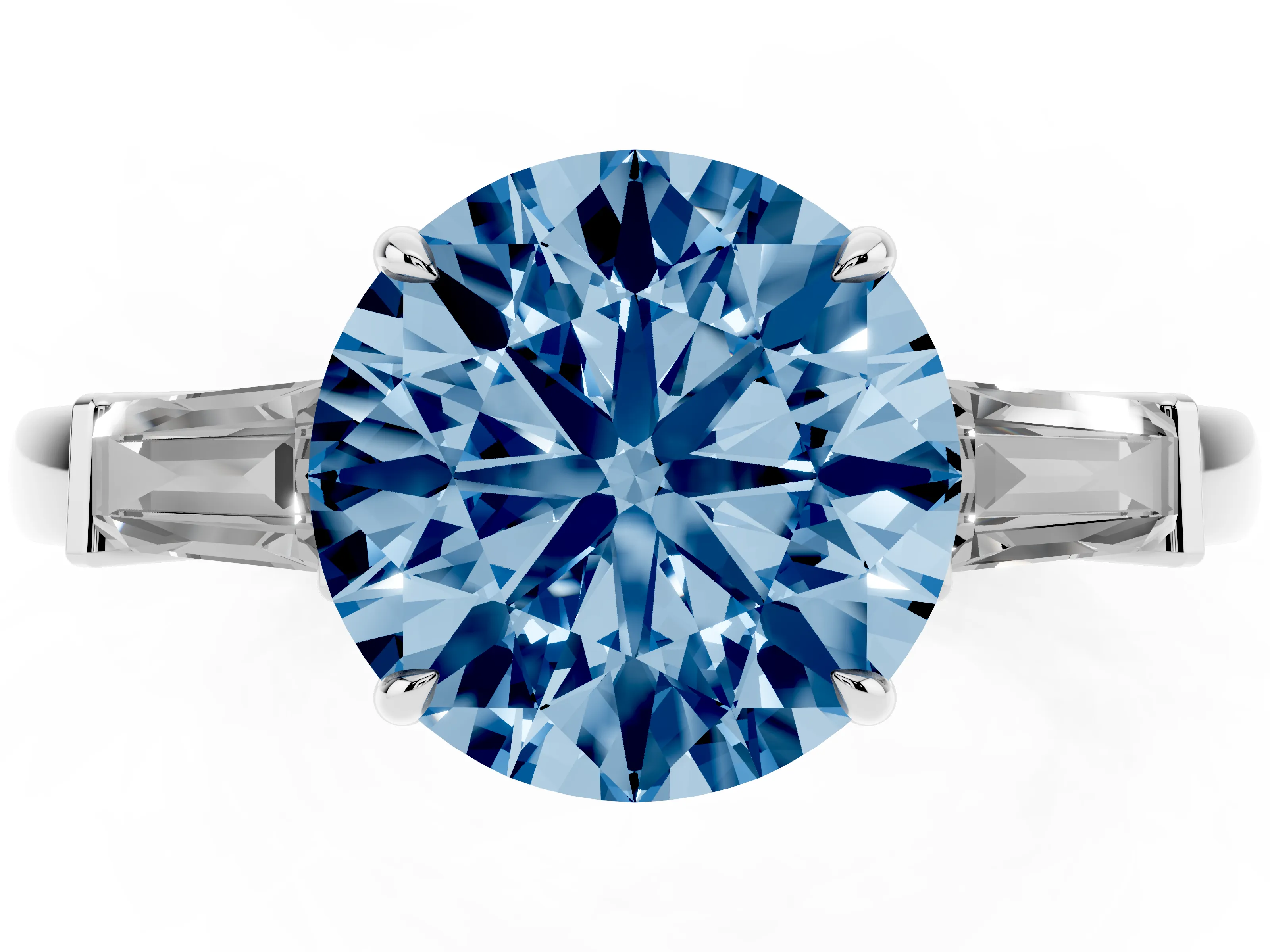 Fancy Blue Round Cut Diamond Three-Stone Ring Set in White gold with Tapered Baguette Side Stones and Prong Setting