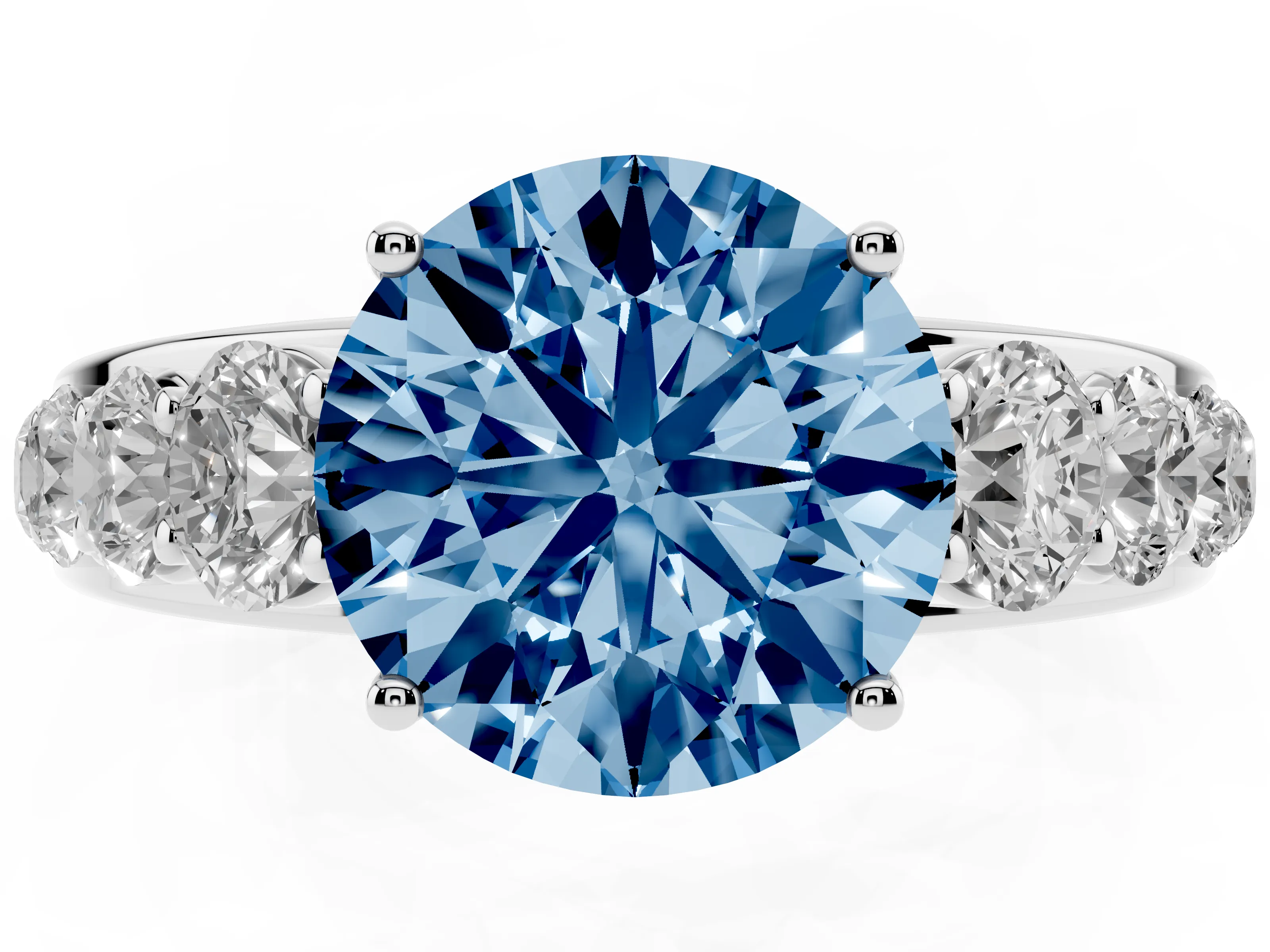 Fancy Blue Round Cut Diamond Solitaire Ring Set in Silver with Pavé-Set Band and Prong Setting