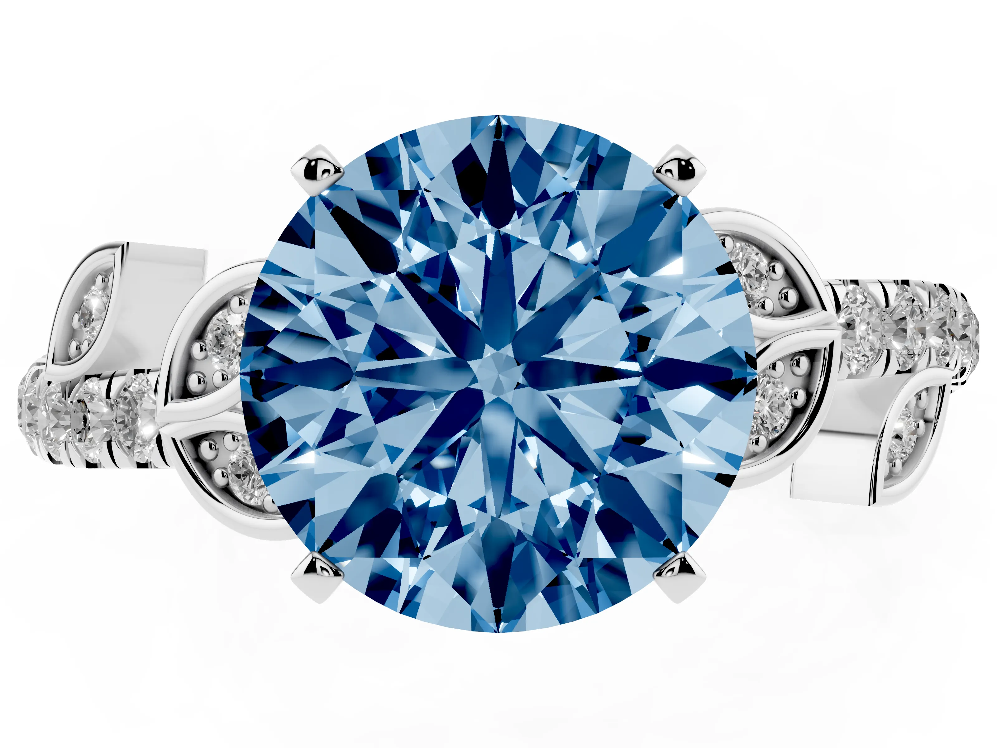 Fancy Blue Round Cut Diamond Solitaire Leaf-Inspired Ring Set in Silver with Pavé Band and Prong Setting