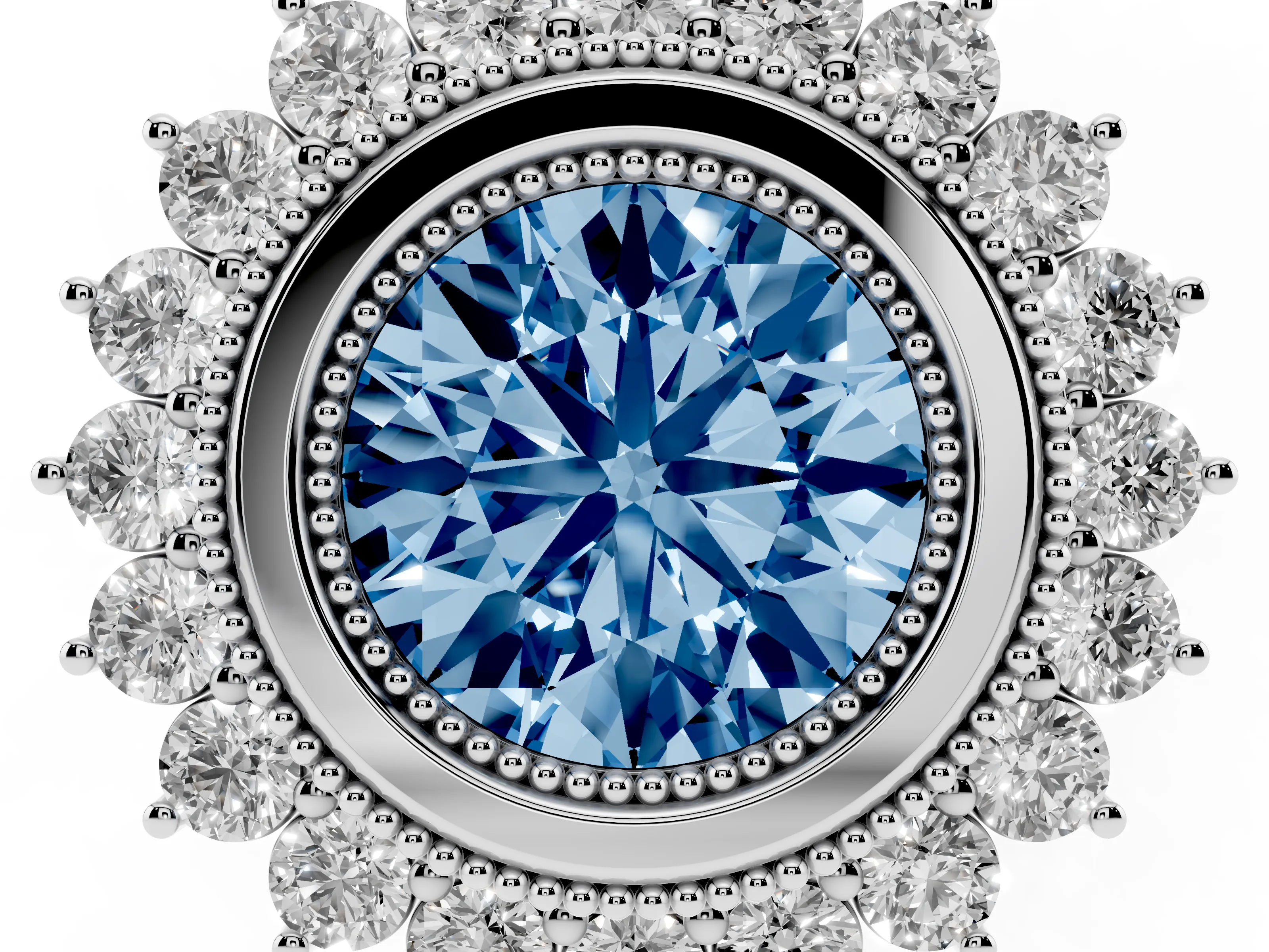 Fancy Blue Round Cut Diamond Halo Ring Set in Silver with Milgrain Edge and Round Prong Setting