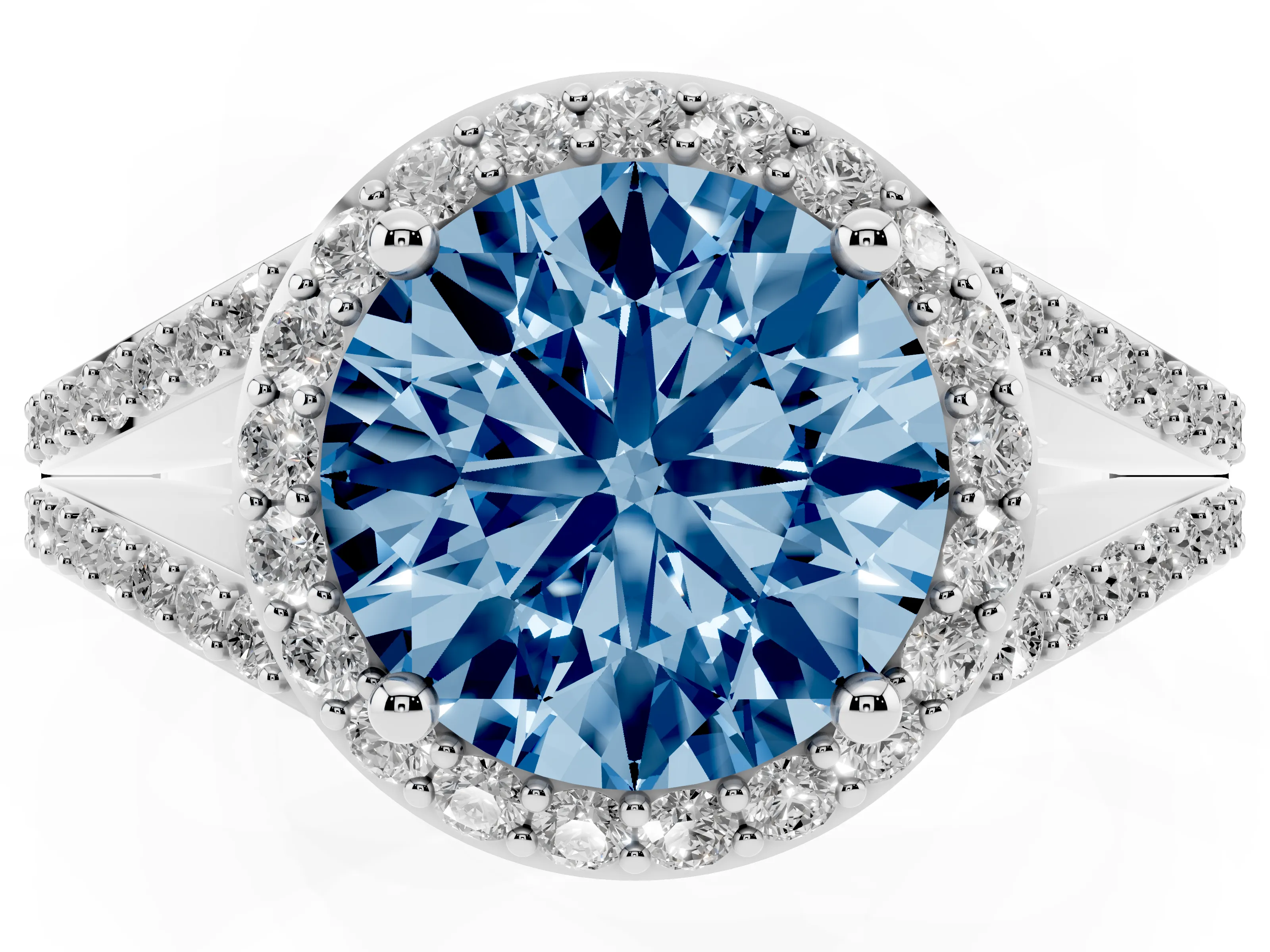 Fancy Blue Round Cut Diamond Halo Split Shank Pavé Ring Set in White gold with Prong Setting