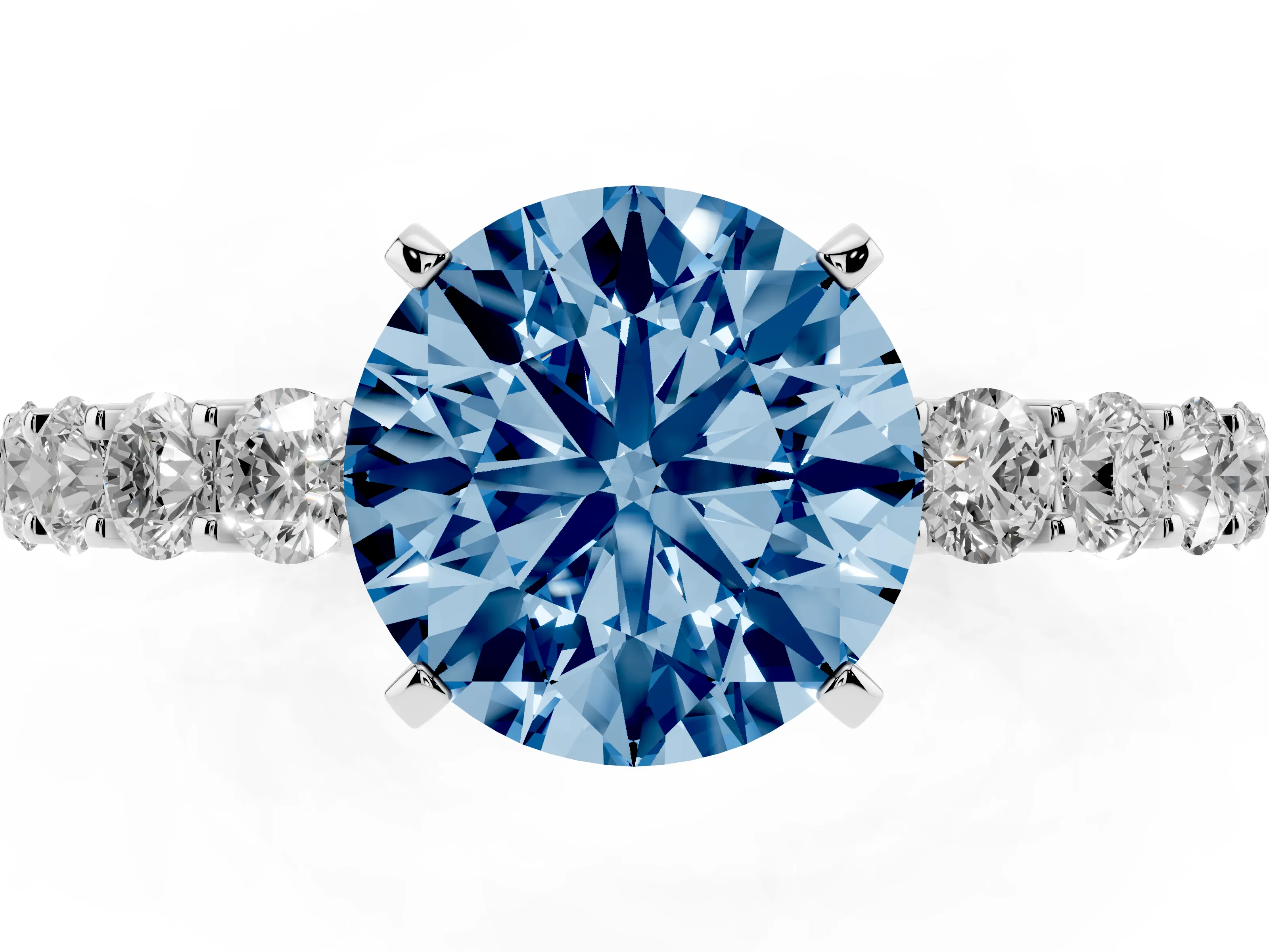 Fancy Blue Round Cut Diamond Solitaire Ring Set in Platinum with Shared Prong Pavé Band