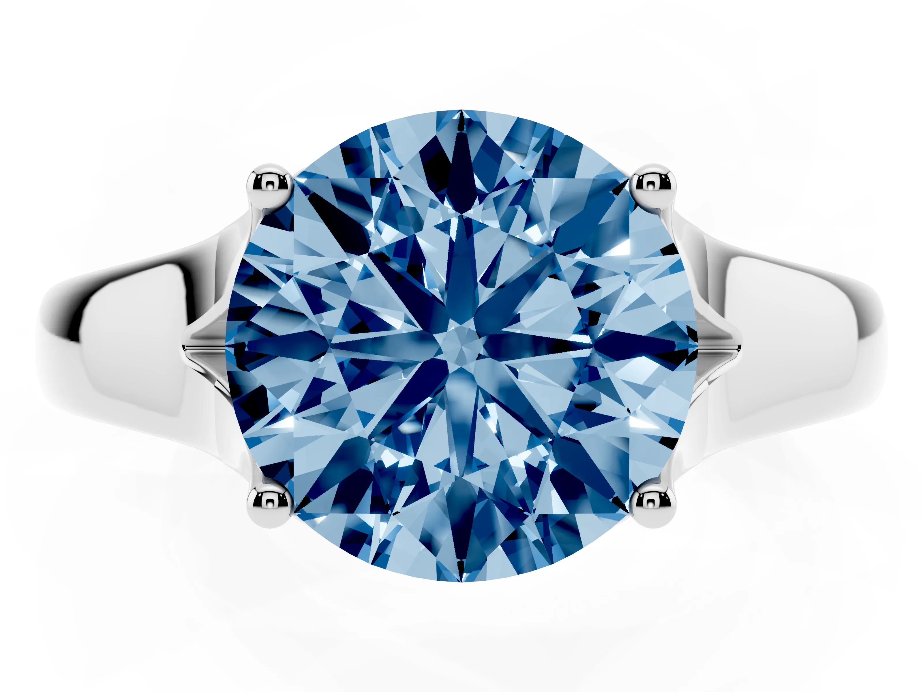 Fancy Blue Round Cut Diamond Solitaire Ring Set in White gold with Arched Cathedral Band and Prong Setting