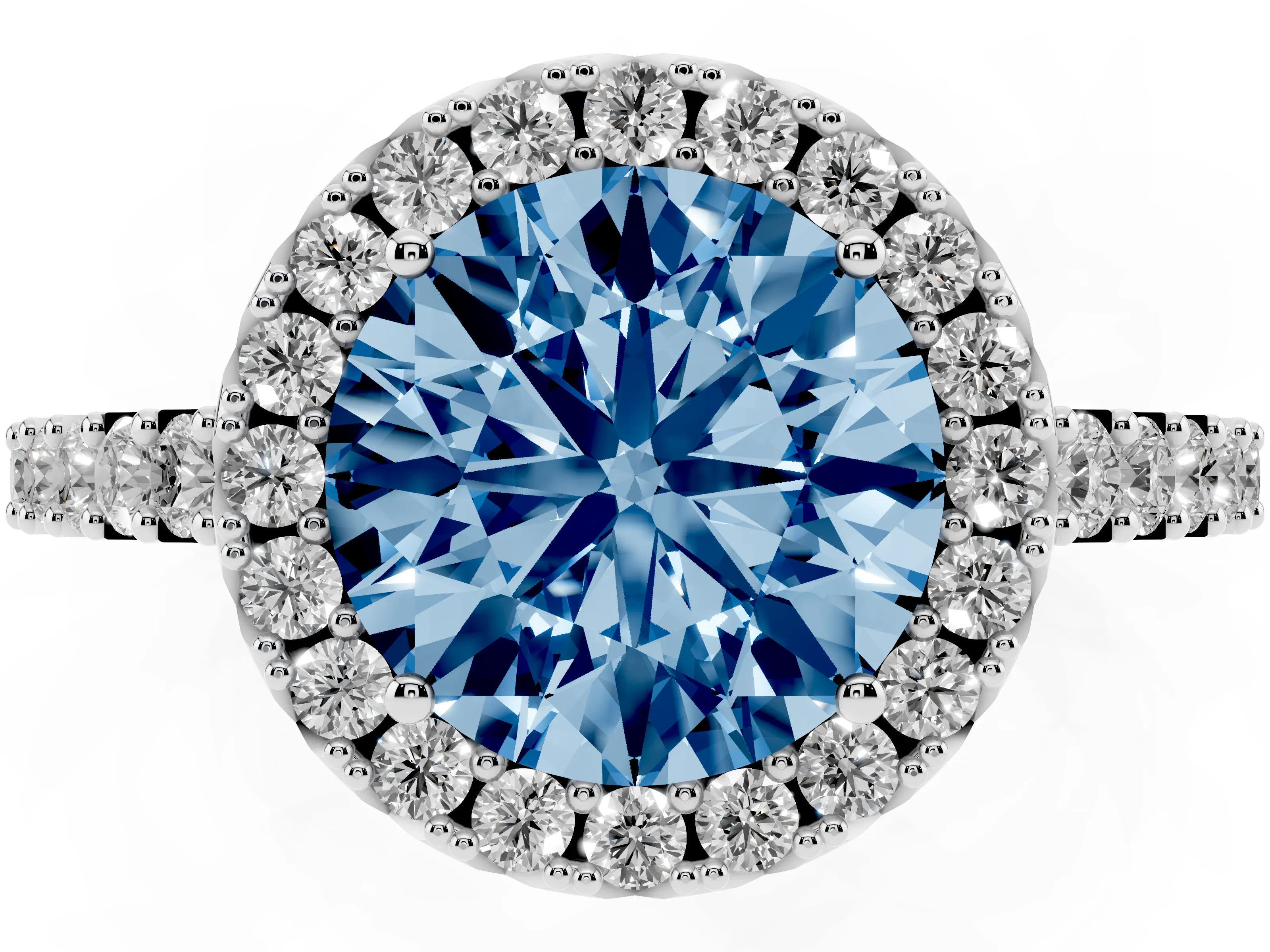 Fancy Blue Round Cut Diamond Halo Pavé Solitaire Ring Set in White gold with Prong-Set Center Stone