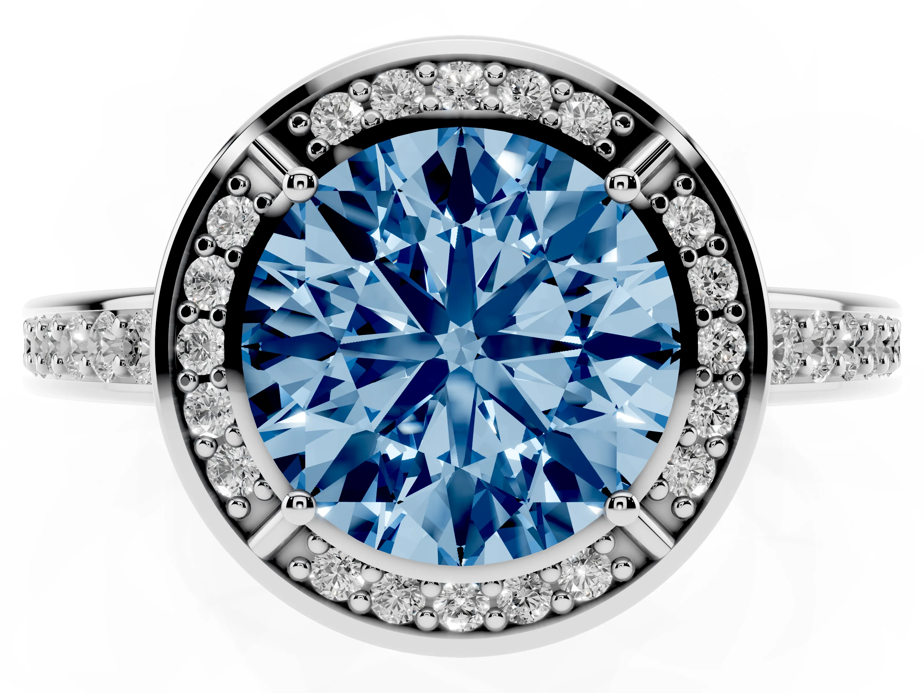 Fancy Blue Round Cut Diamond Halo Pavé Split Shank Ring Set in Platinum with Prong Setting