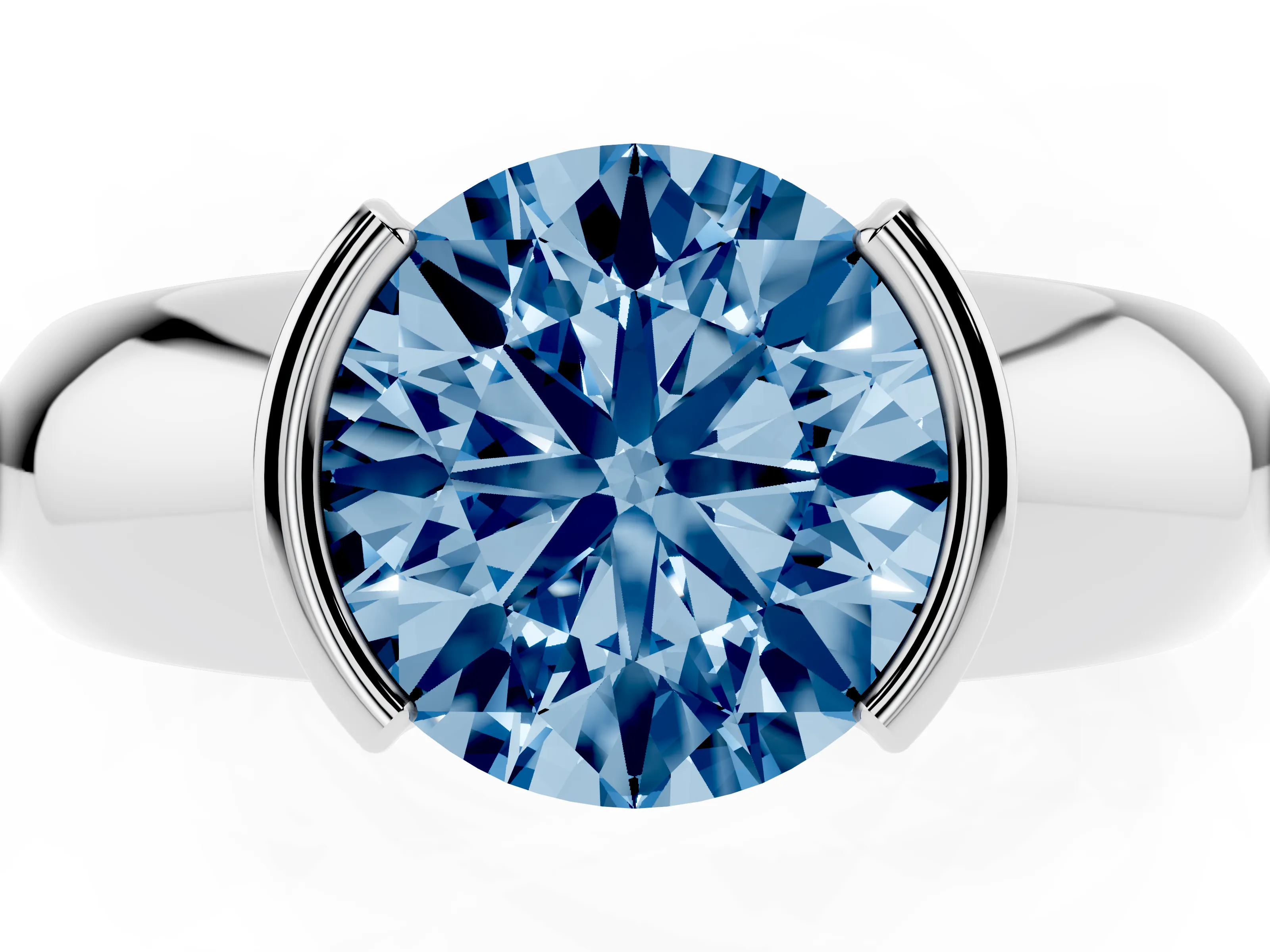 Fancy Blue Round Cut Diamond Solitaire Tension Set Ring Set in Platinum with Wide Band