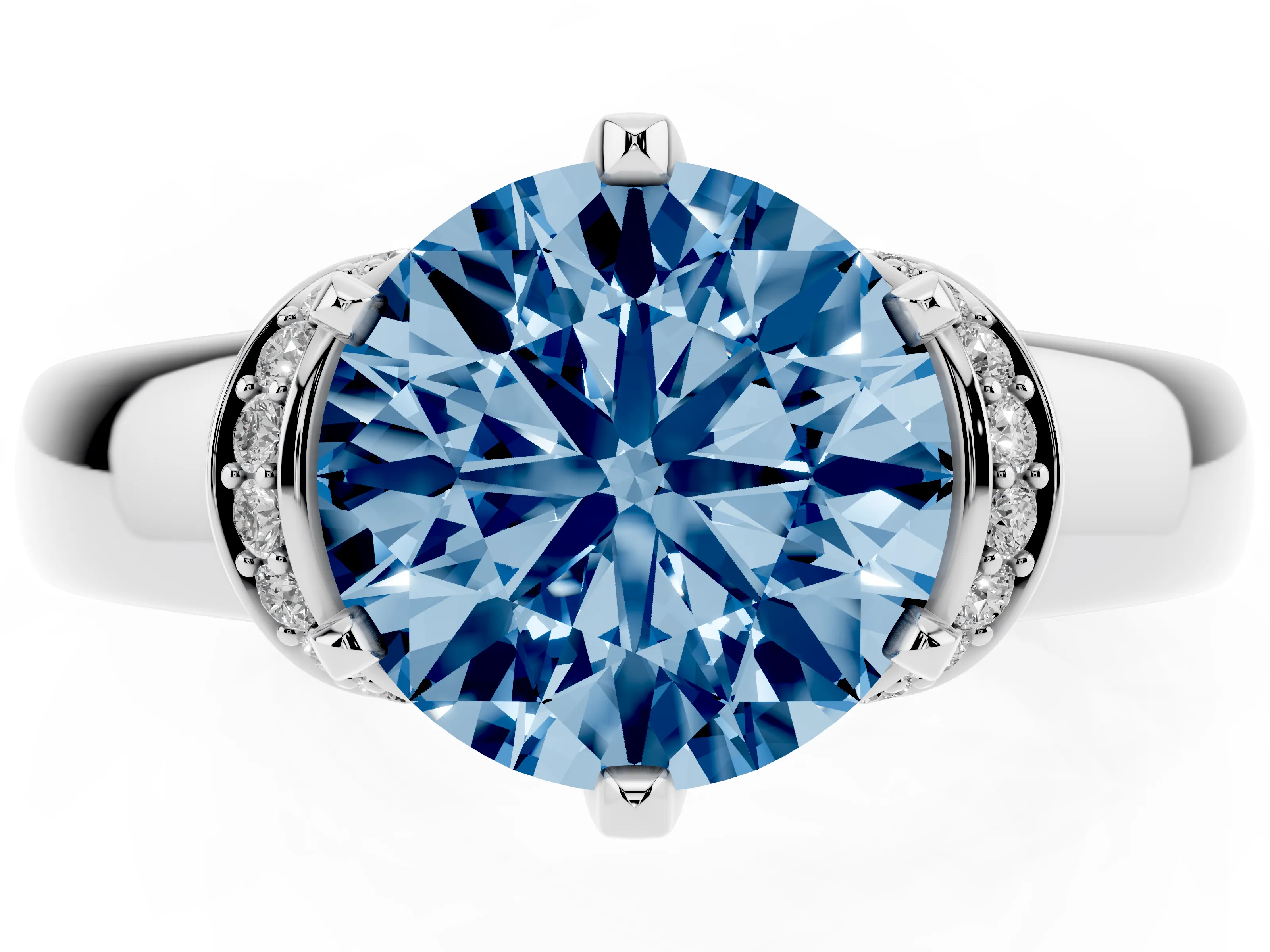 Fancy Blue Round Cut Diamond Pavé Band Solitaire Ring Set in Silver with Prong Setting