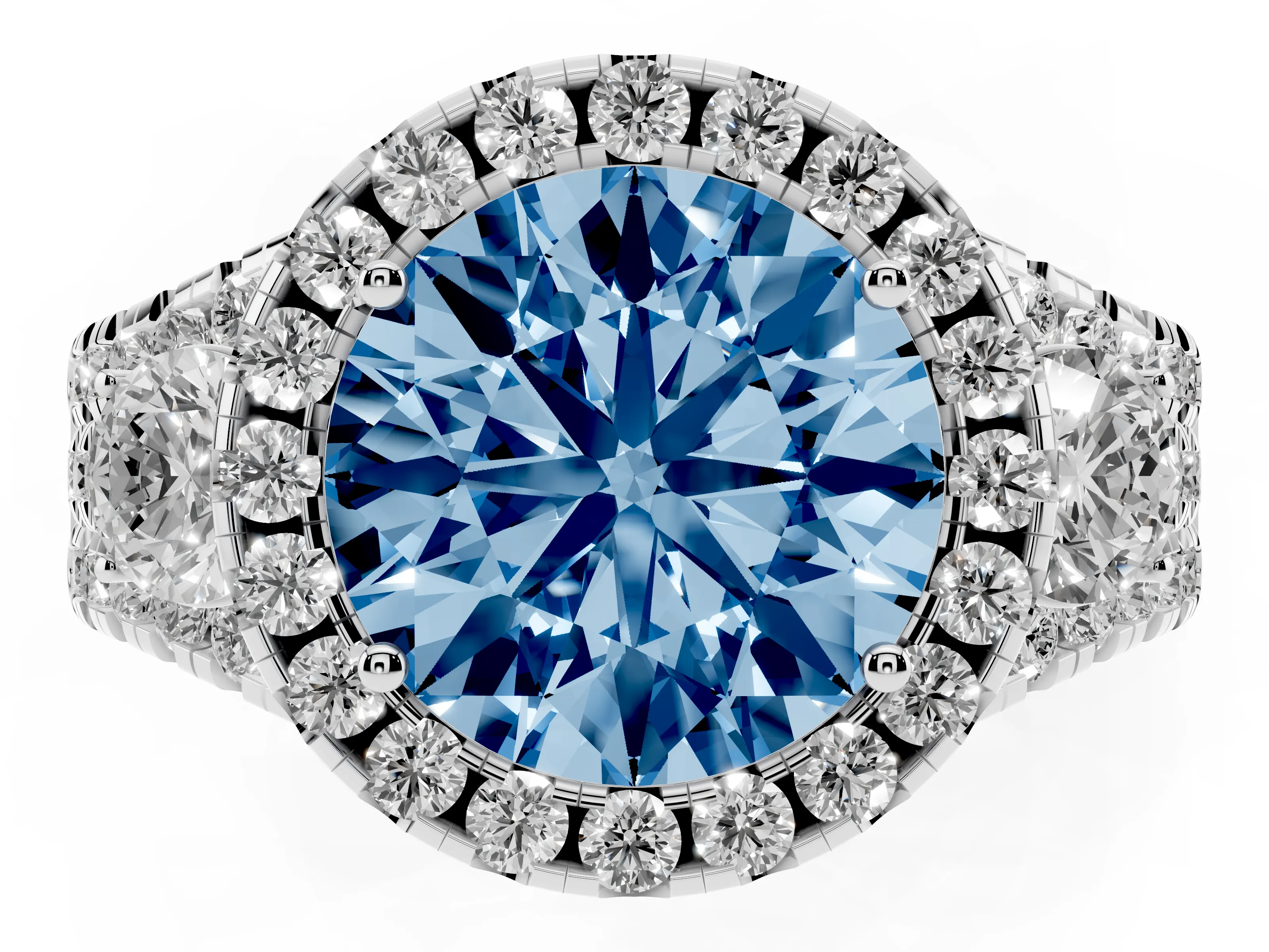 Fancy Blue Round Cut Diamond Halo Split Shank Ring Set in White gold with Round Accent Stones and Prong Setting
