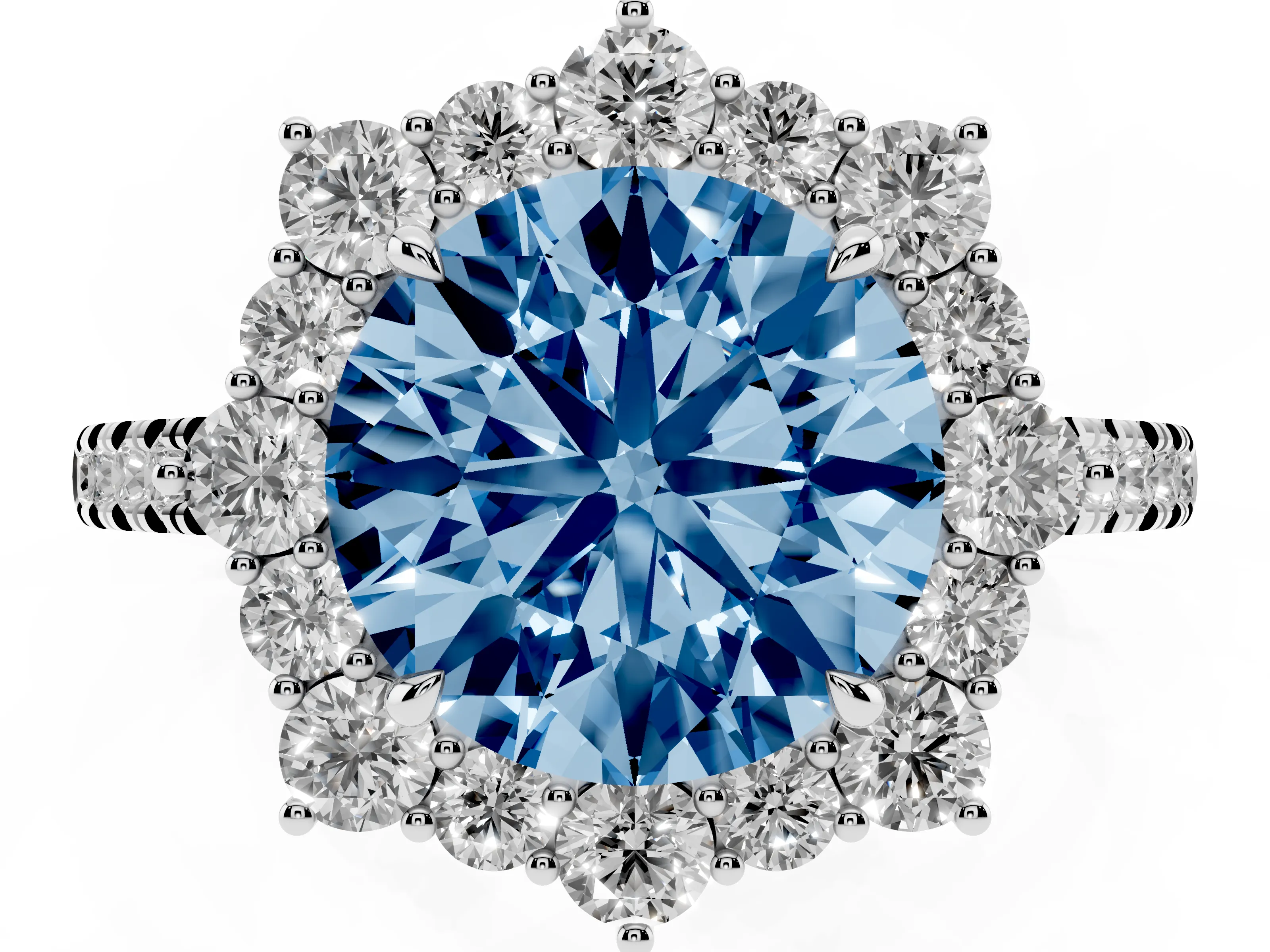 Fancy Blue Round Cut Diamond Halo Ring Set in Silver with Pavé Band and Prong Setting