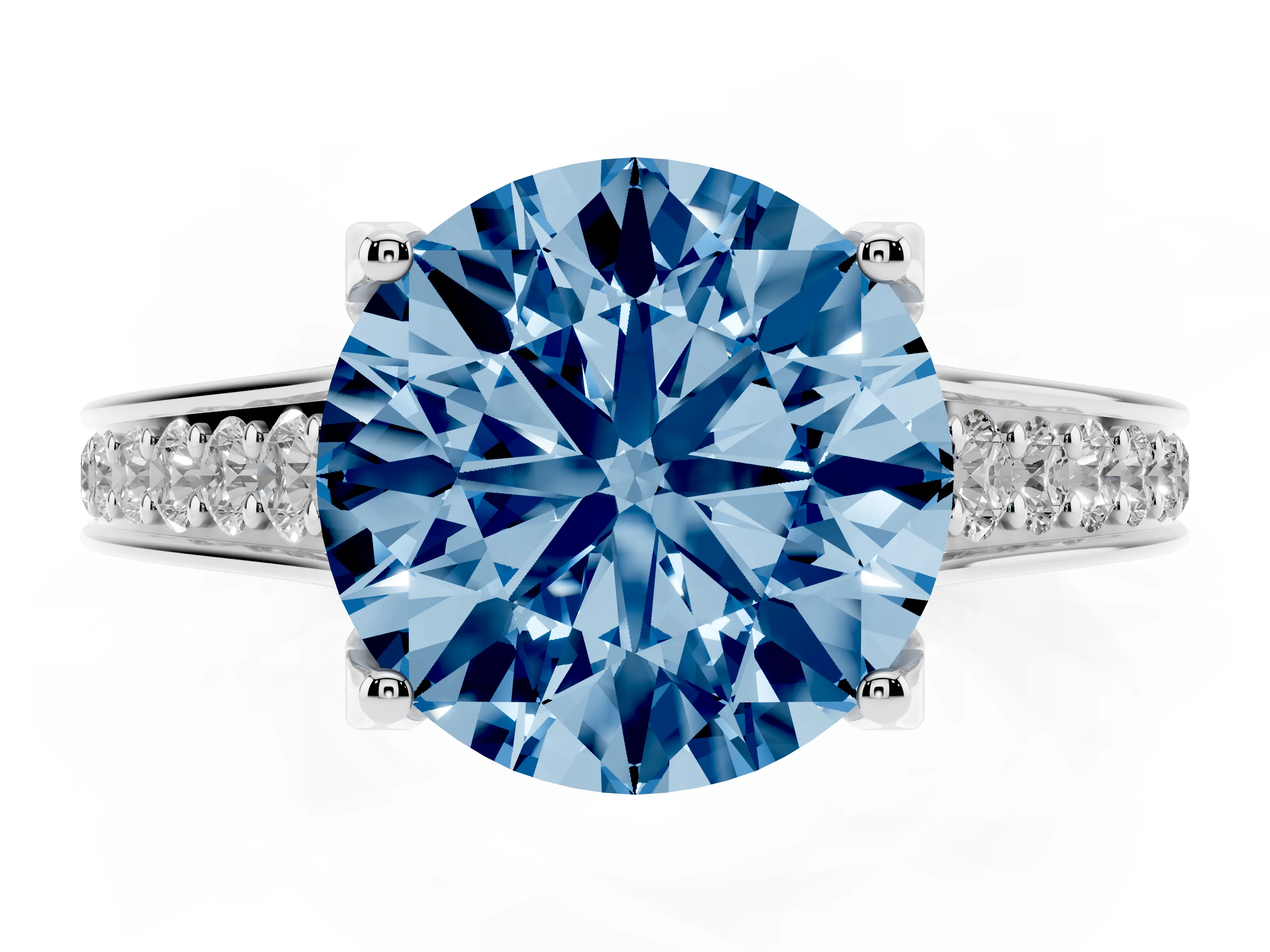 Fancy Blue Round Cut Diamond Solitaire Pavé Engagement Ring Set in Silver with Prong Setting