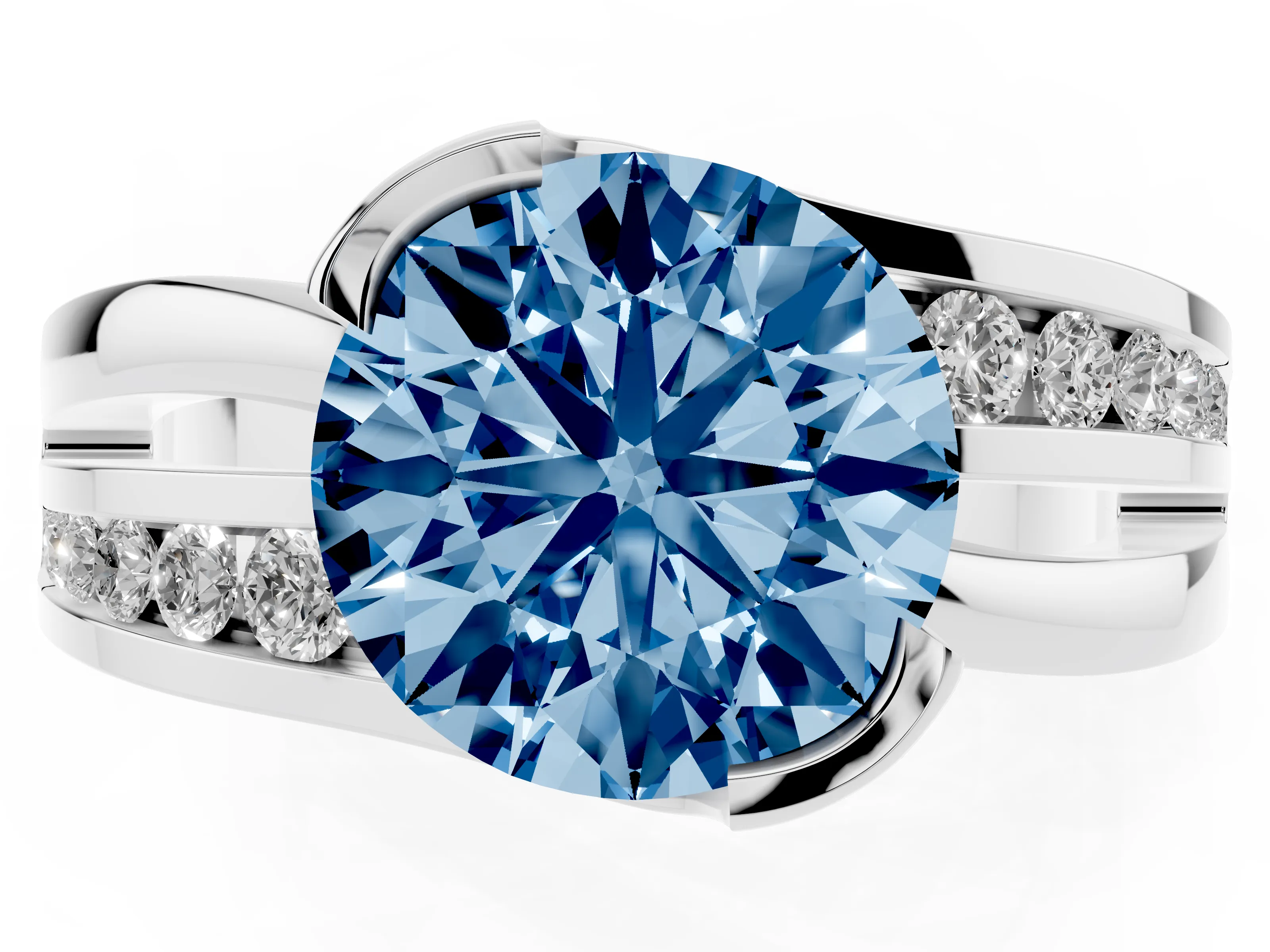 Fancy Blue Round Cut Diamond Solitaire Ring Set in Silver with Channel Set Split Shank and Tension Prongs