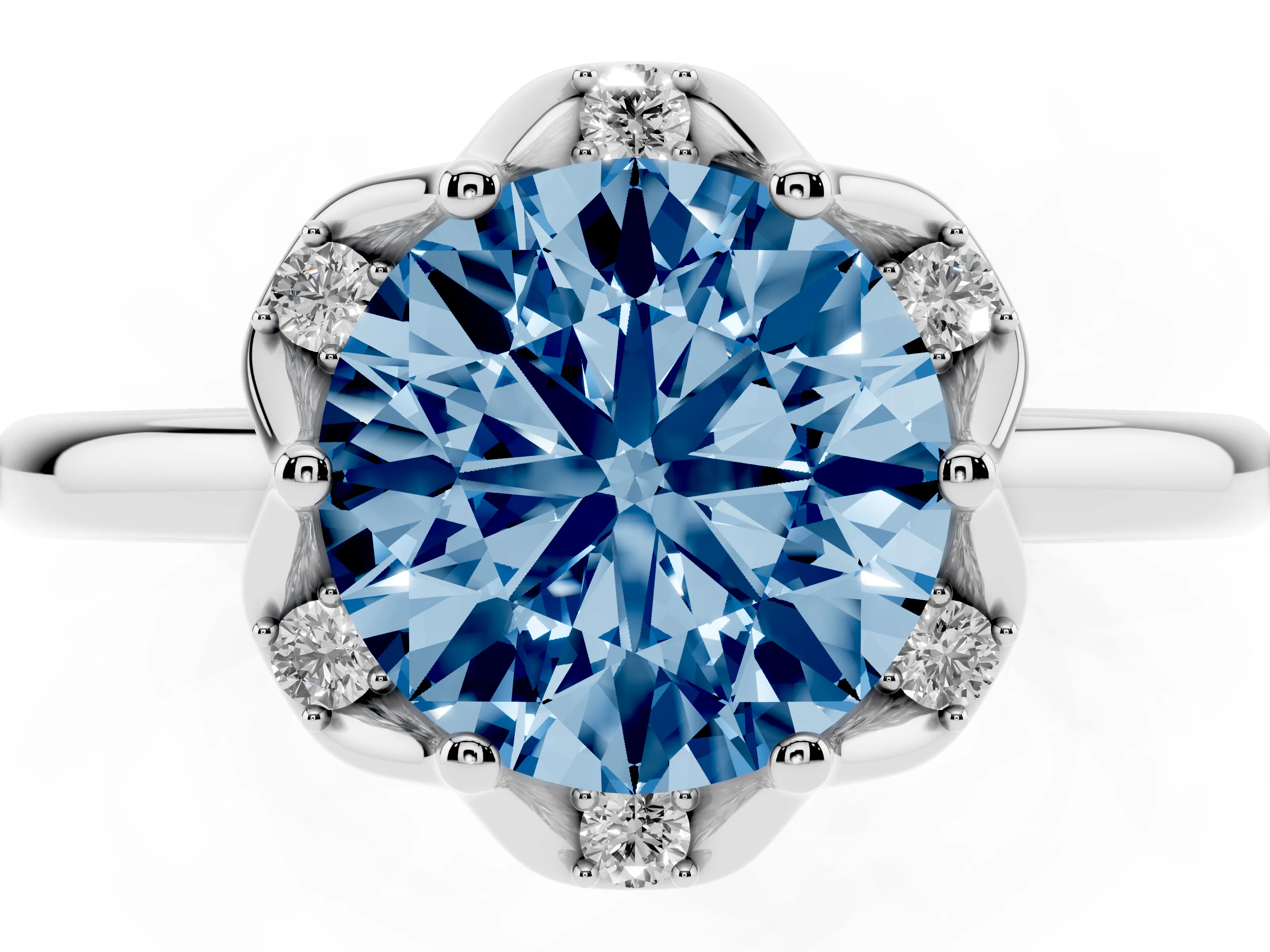 Fancy Blue Round Cut Diamond Round Cluster Halo Ring Set in Platinum with Solitaire Band and Prong Setting