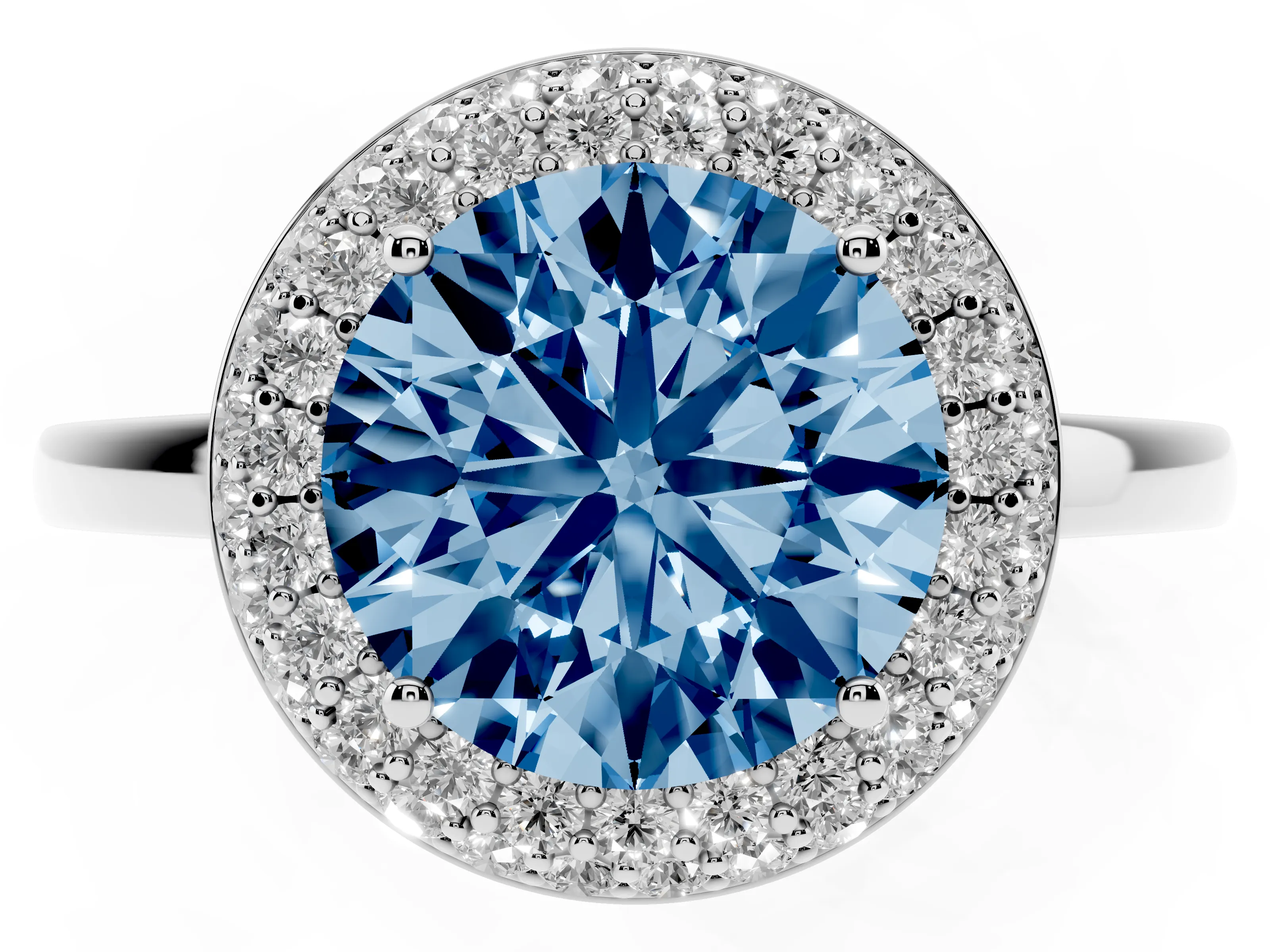 Fancy Blue Round Cut Diamond Halo Engagement Ring Set in Platinum with Solitaire Band and Prong Setting