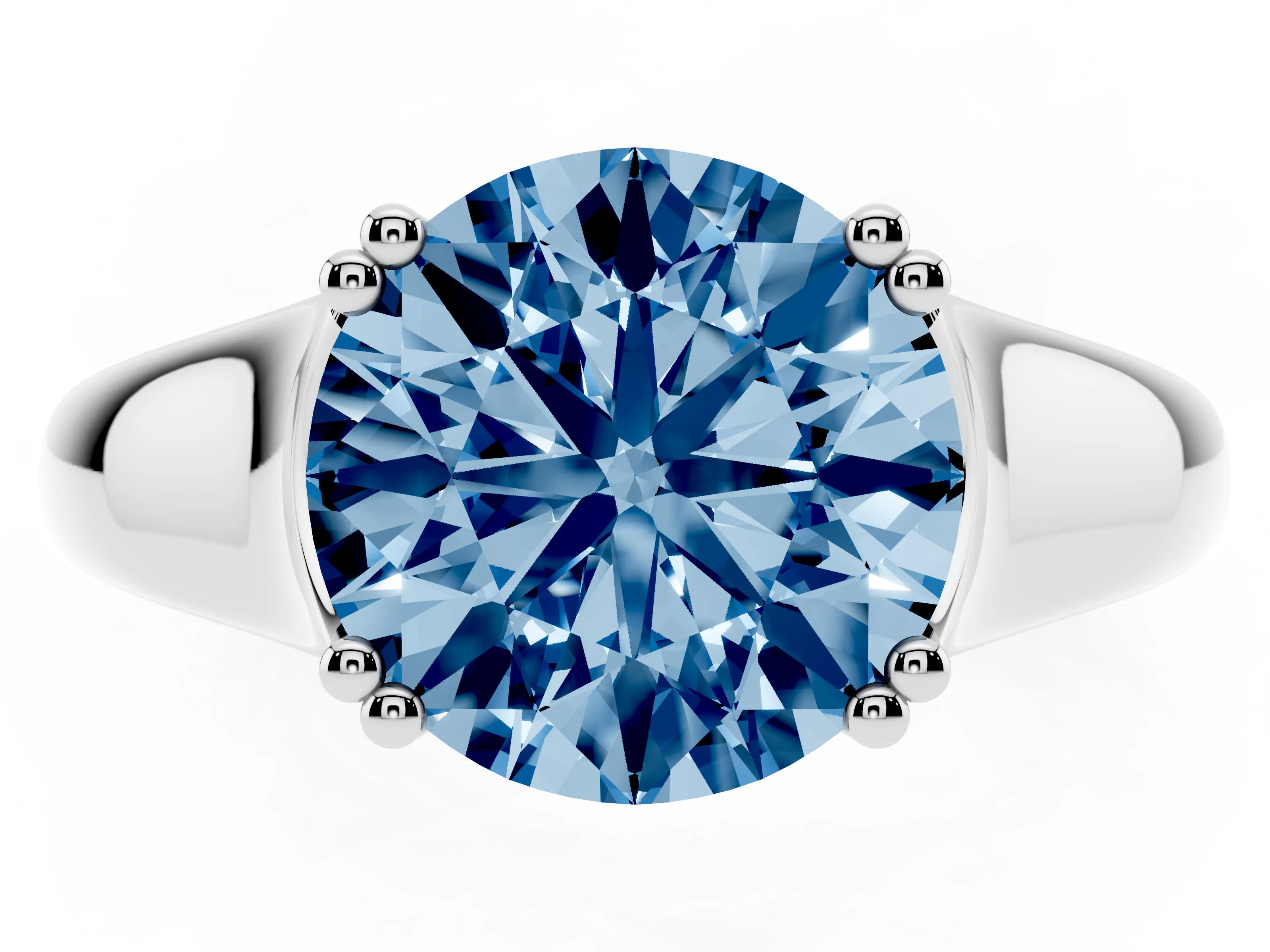Fancy Blue Round Cut Diamond Solitaire Ring Set in White gold with Wide Band and Prong Setting
