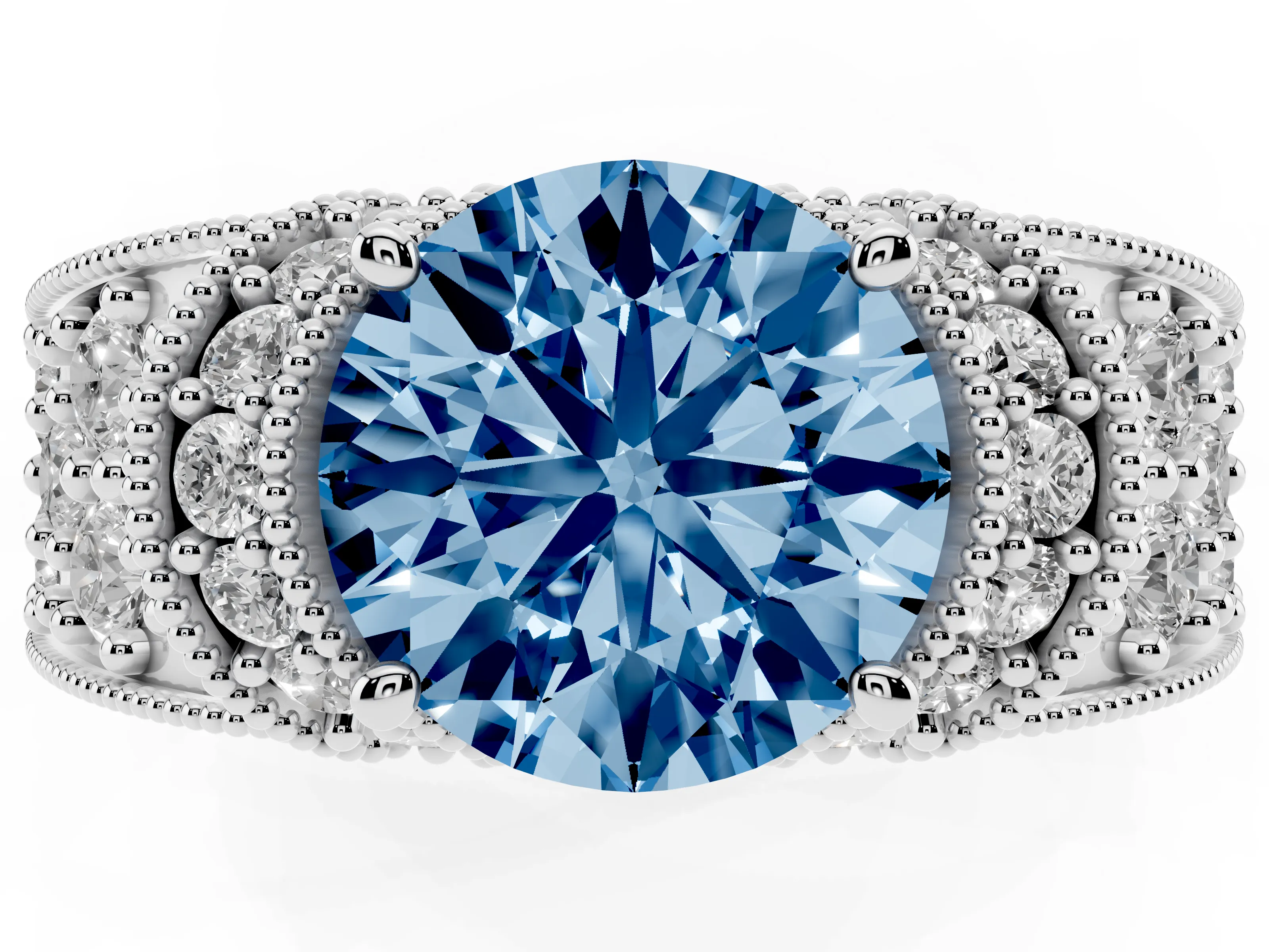 Fancy Blue Round Cut Diamond Milgrain Halo Pavé Engagement Ring Set in Platinum with Prong Setting