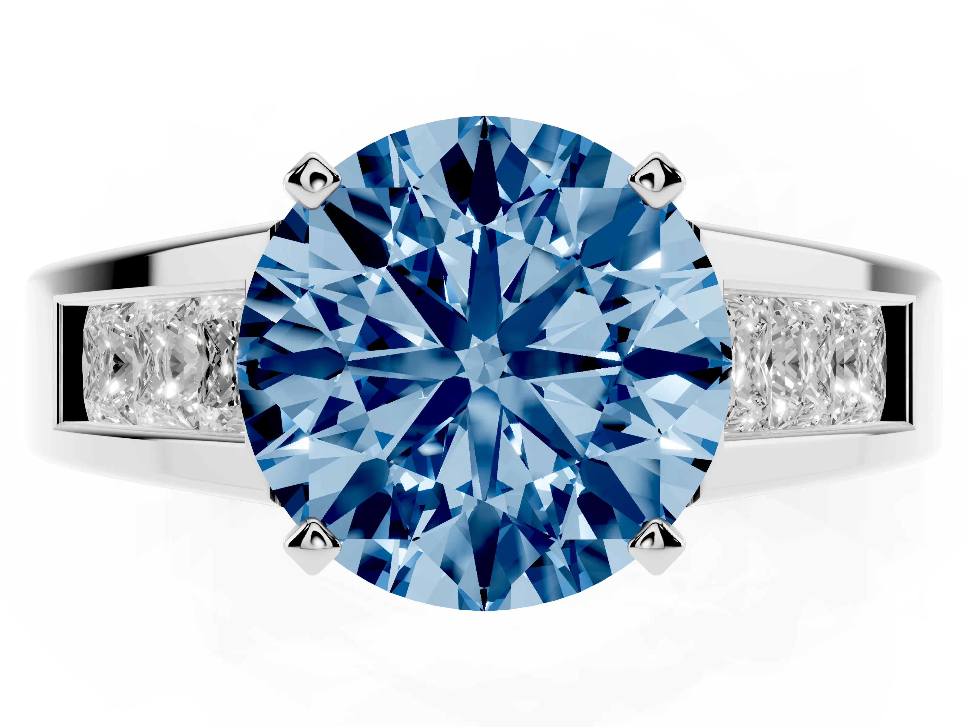 Fancy Blue Round Cut Diamond Solitaire Ring Set in Silver with Channel-Set Accent Stones and Prong Setting