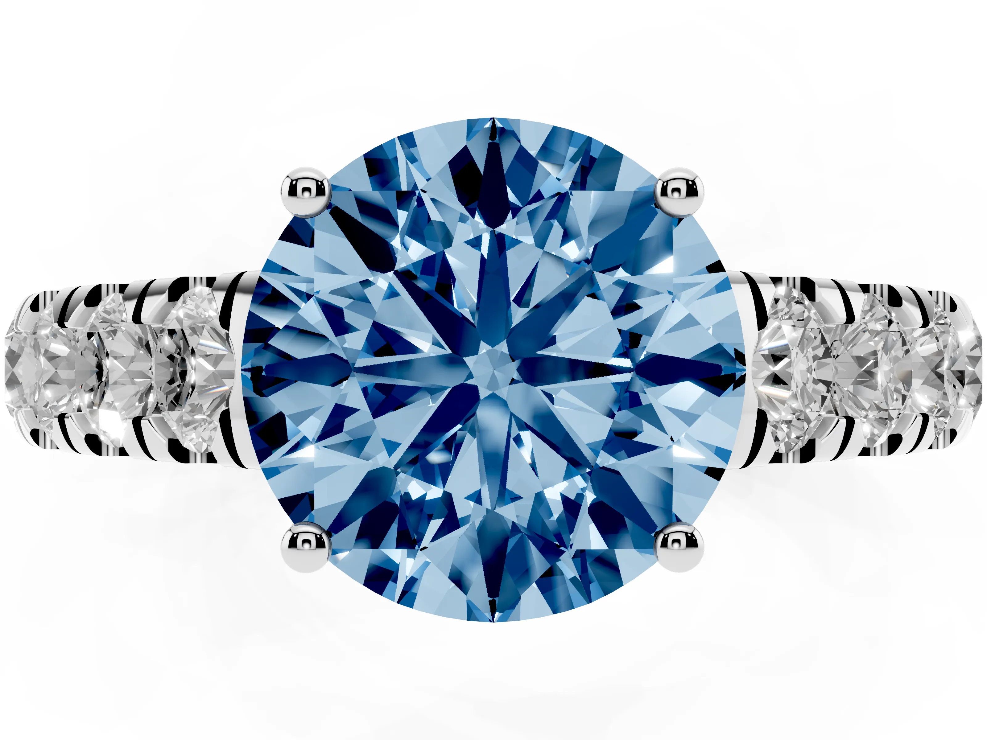 Fancy Blue Round Cut Diamond Solitaire Ring Set in Platinum with Cut-Down Micro Pavé Band and Prong Setting