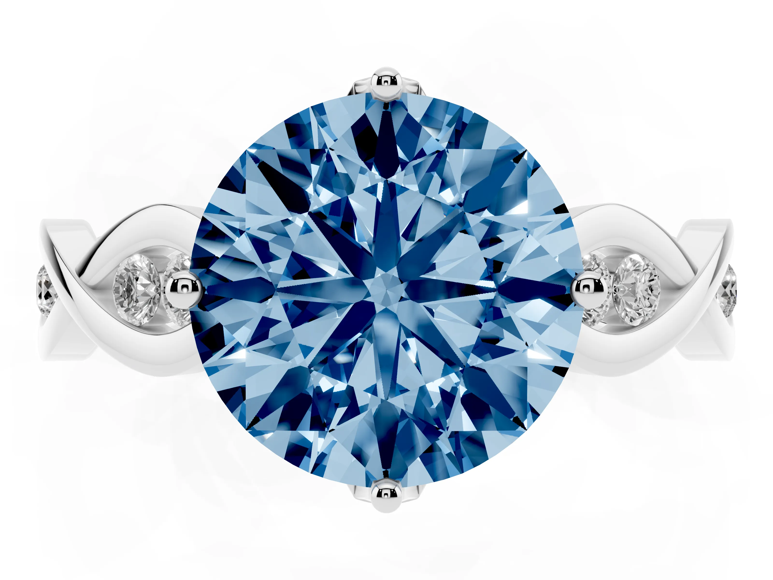 Fancy Blue Round Cut Diamond Twist Band Solitaire Ring Set in White gold with Leaf Prong Setting and Accent Stones