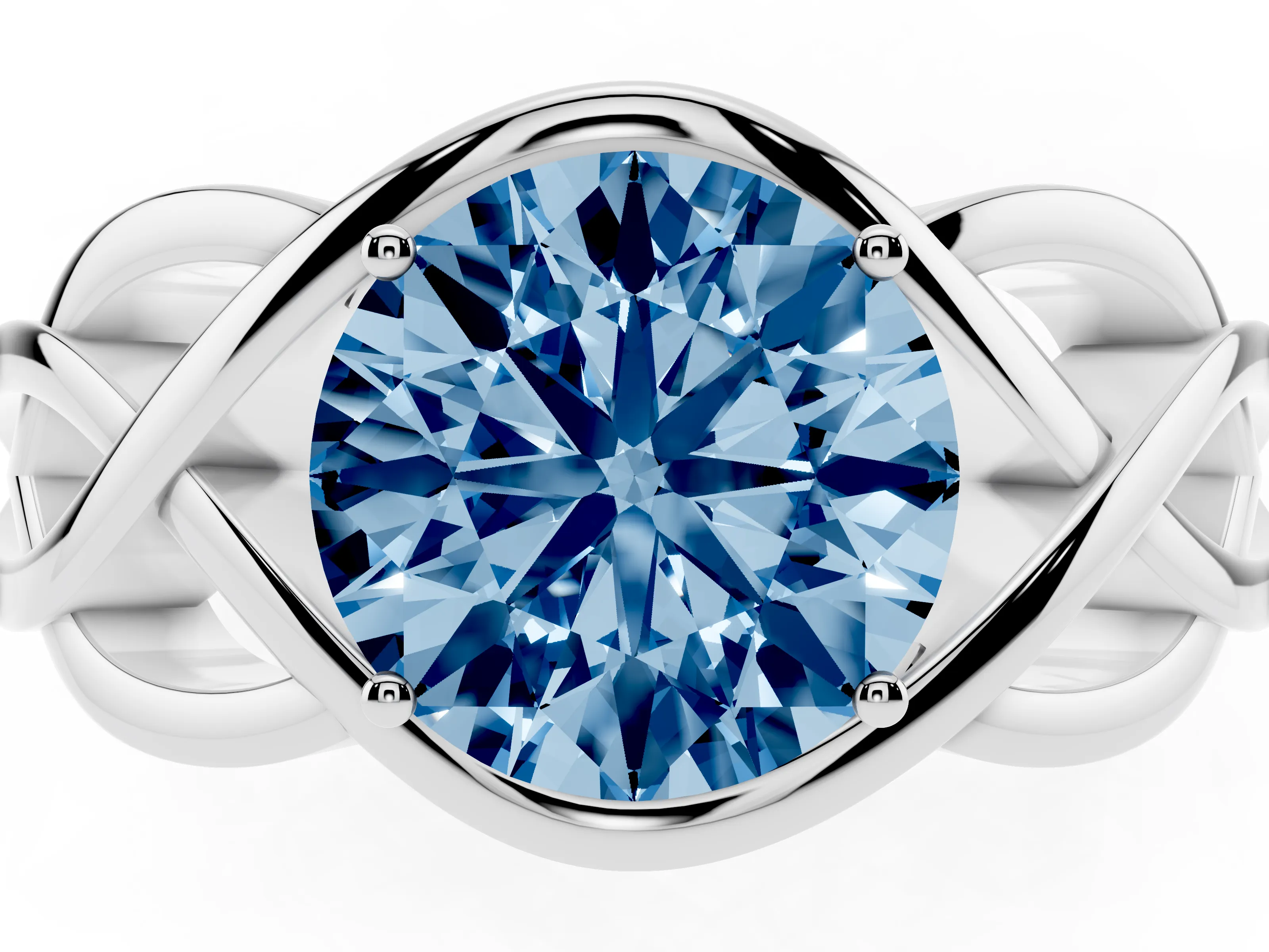 Fancy Blue Round Cut Diamond Solitaire Ring Set in Silver with Intertwined Band