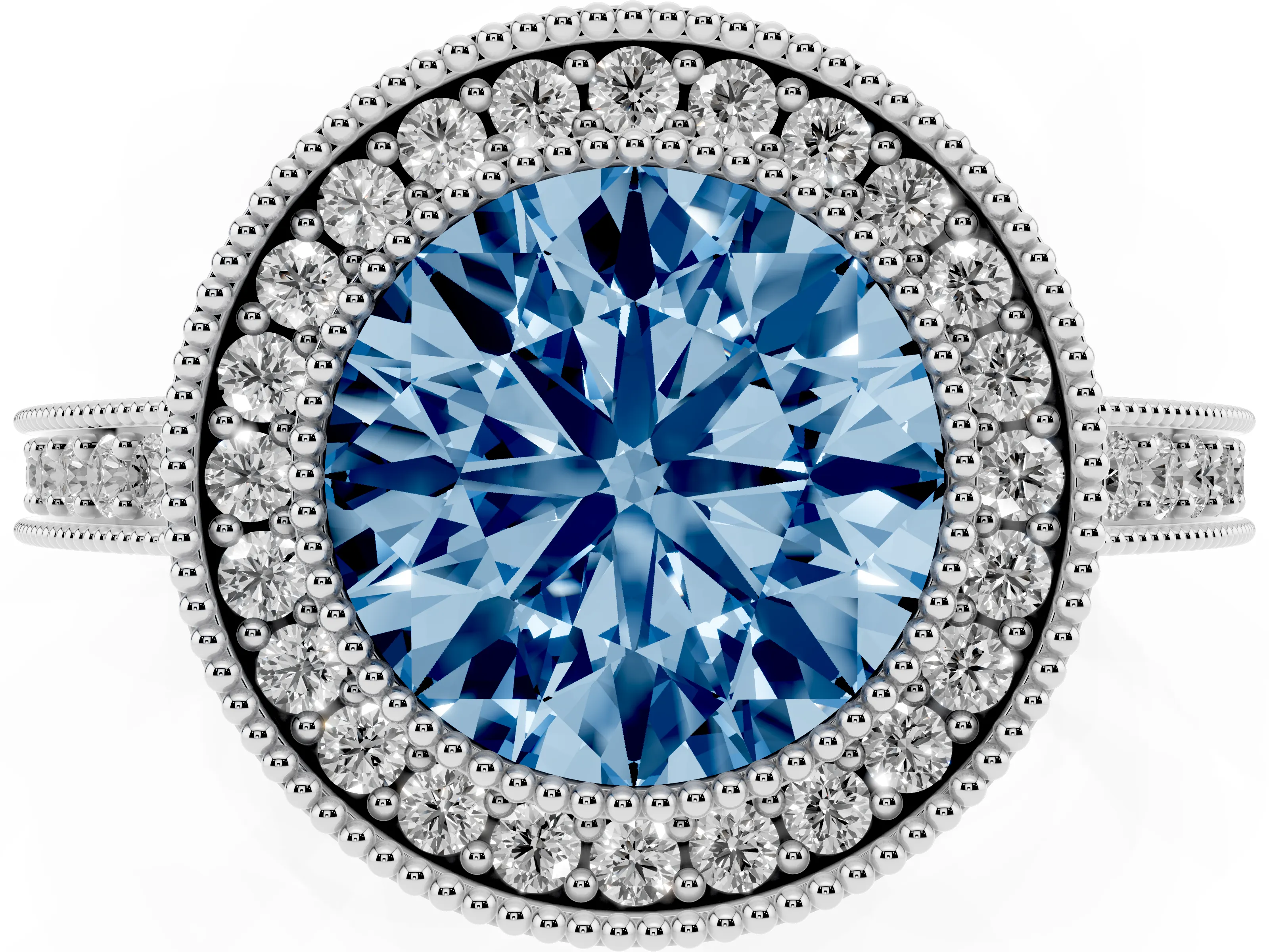 Fancy Blue Round Cut Diamond Round Halo Ring Set in White gold with Pavé Band