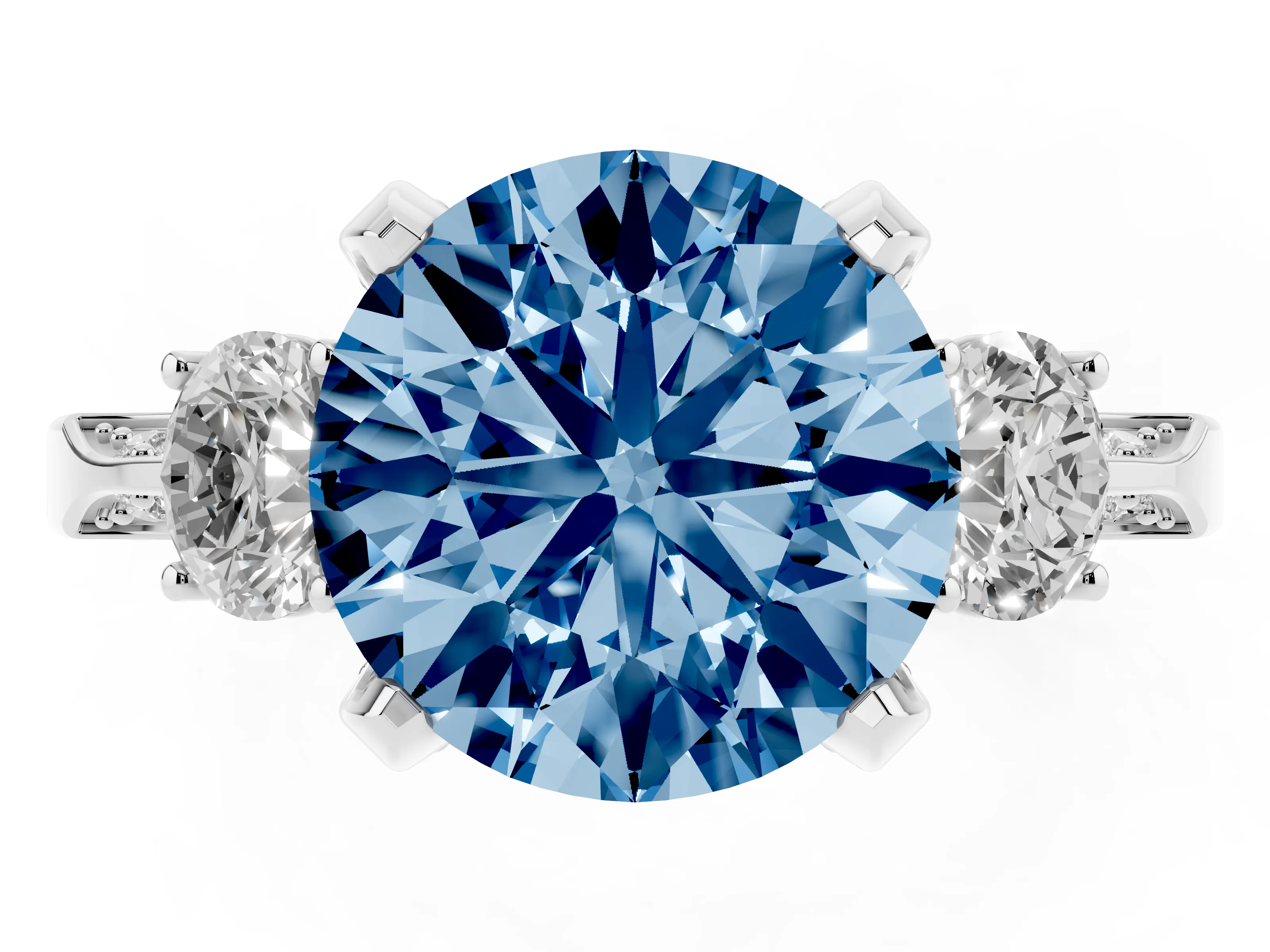 Fancy Blue Round Cut Diamond Three-Stone Ring Set in Silver with Pavé Band and Smaller Side Stones