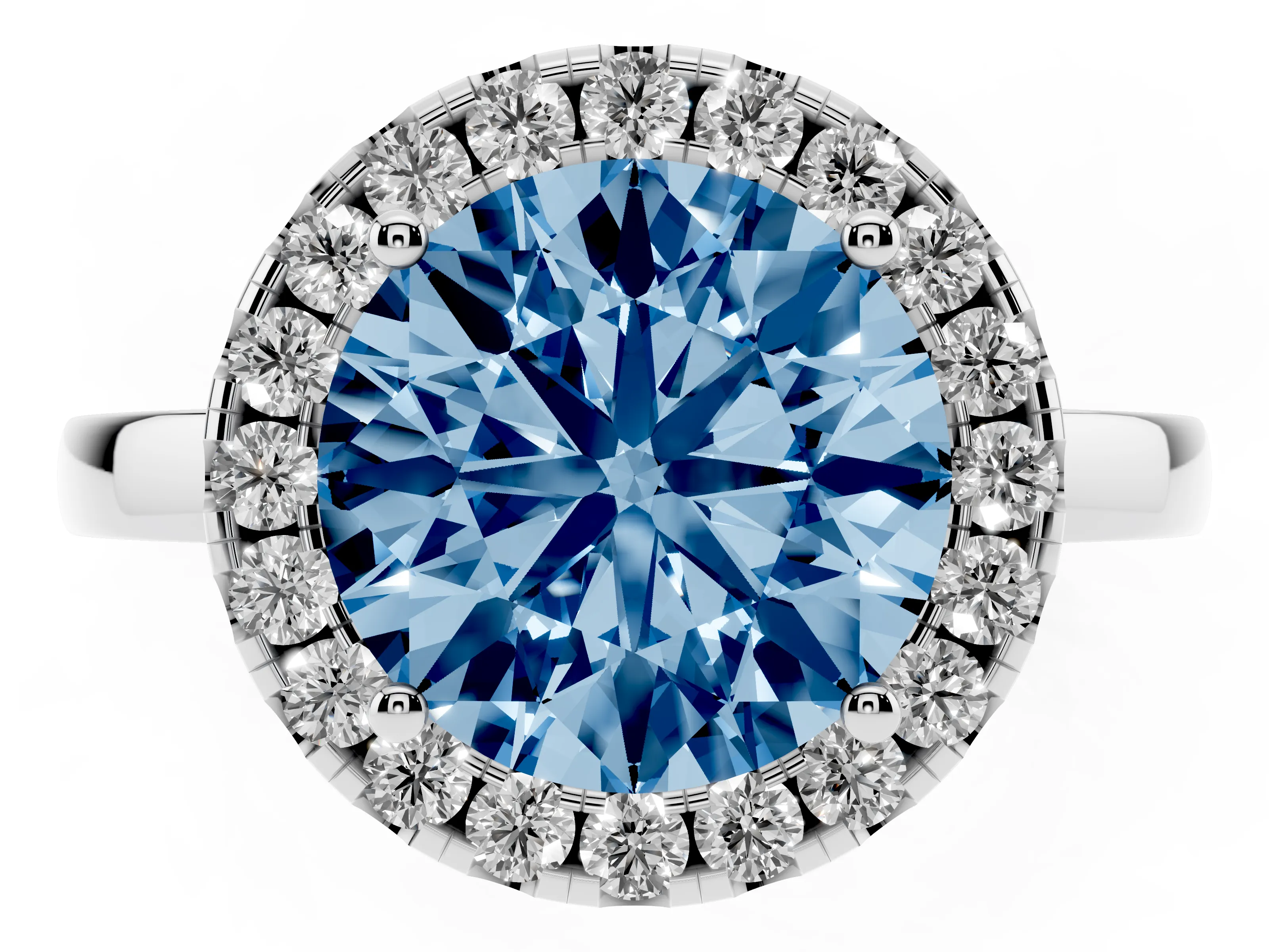 Fancy Blue Round Cut Diamond Halo Solitaire Ring Set in White gold with Pavé Band and Prong Setting