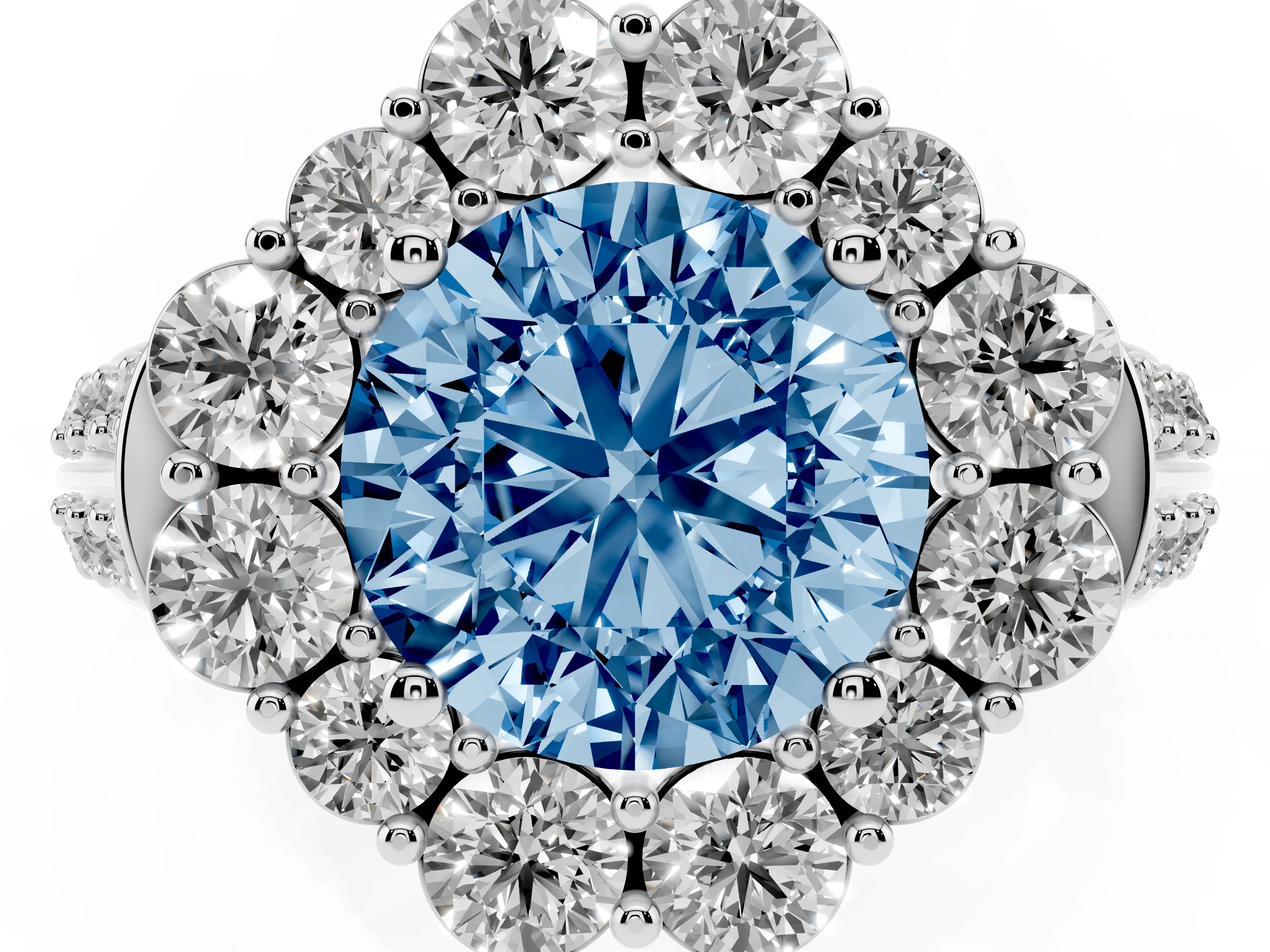 Fancy Blue Round Cut Diamond Halo Engagement Ring Set in Platinum with Split Shank and Prong Setting