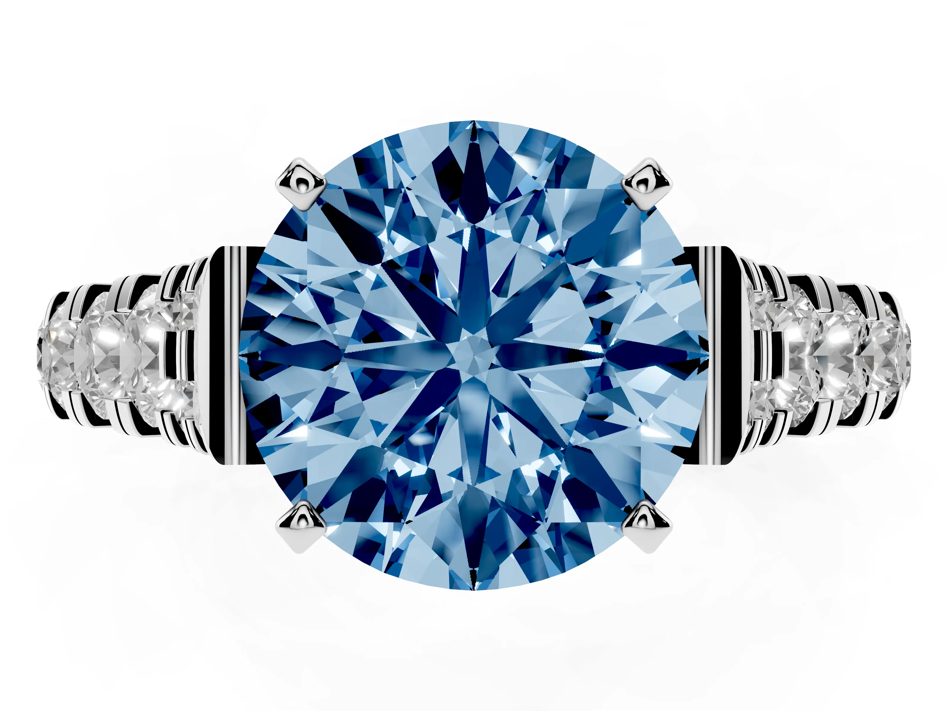 Fancy Blue Round Cut Diamond Classic Solitaire Ring Set in Platinum with Pavé Band and Prong Setting
