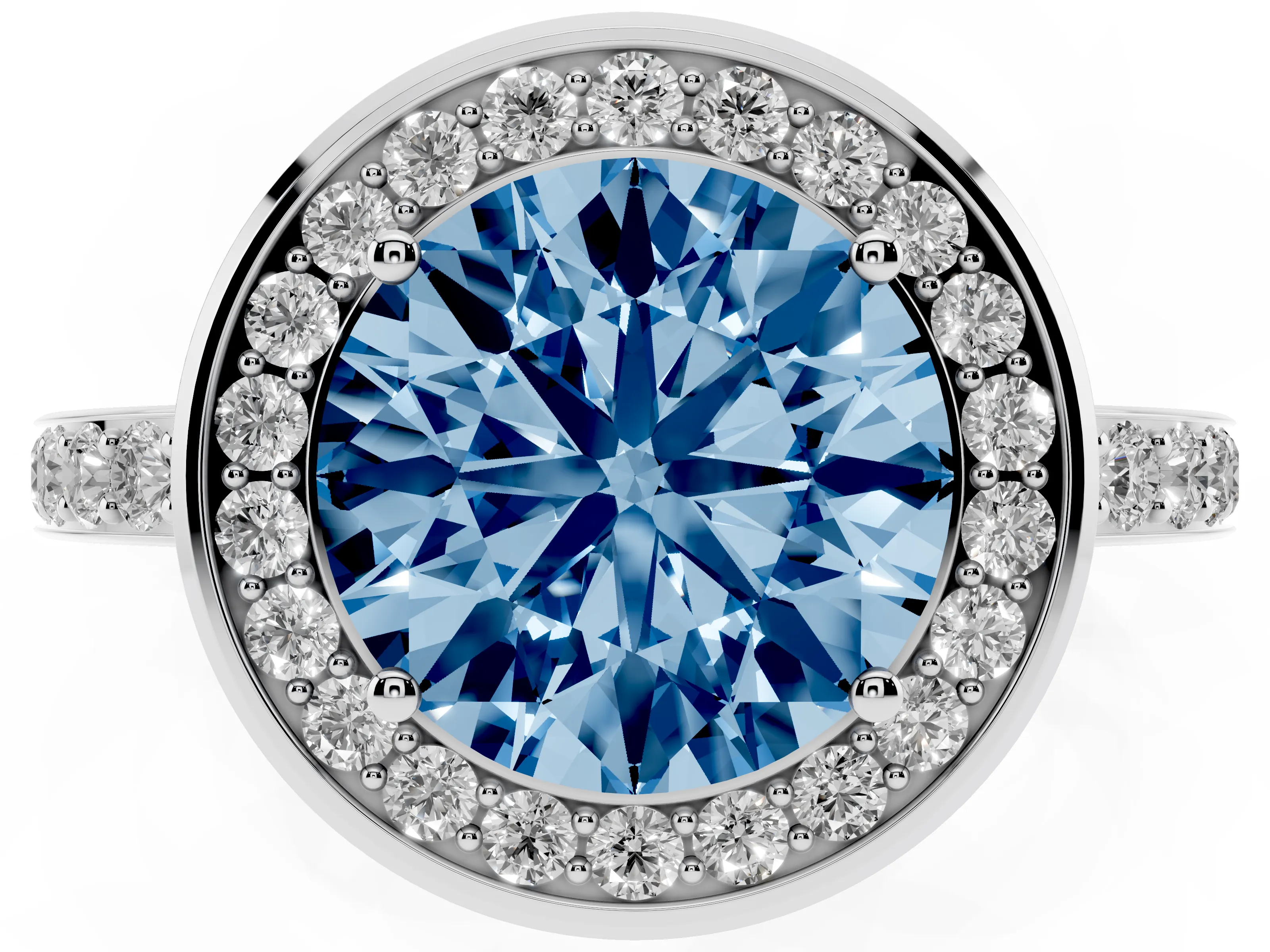 Fancy Blue Round Cut Diamond Halo Ring Set in White gold with Bezel Frame and Pavé Band