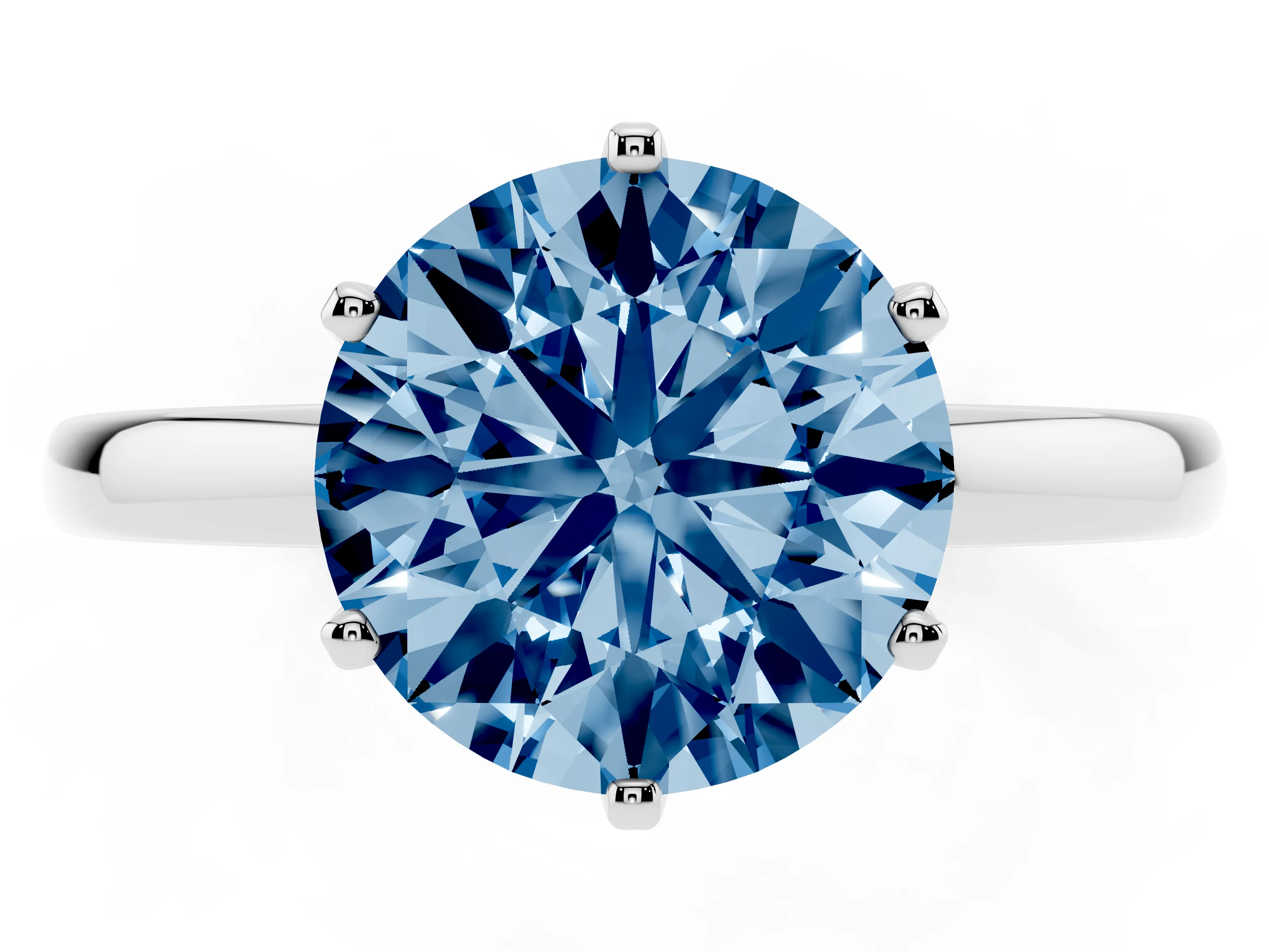Fancy Blue Round Cut Diamond Solitaire Ring Set in White gold with Raised Prong Setting on a Classic Band