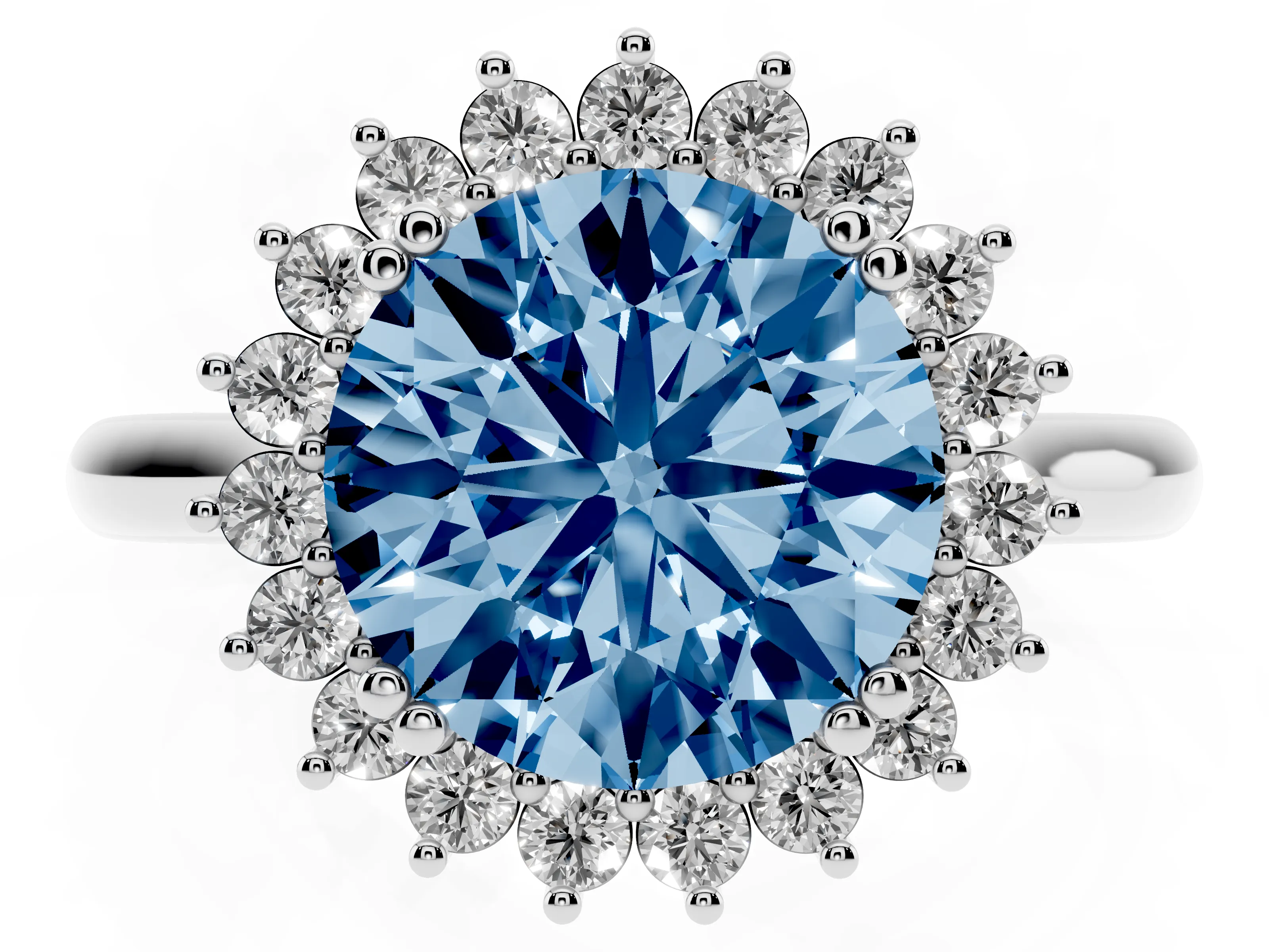 Fancy Blue Round Cut Diamond Halo Ring Set in Platinum with Plain Solitaire Band and Prong Setting