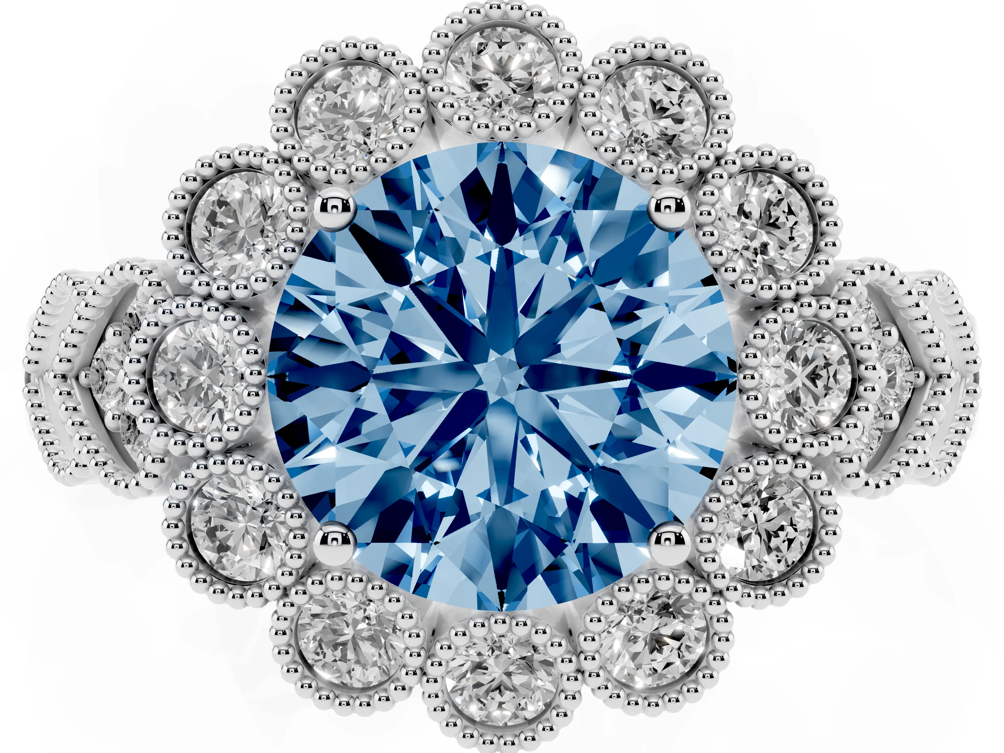 Fancy Blue Round Cut Diamond Solitaire Ring Set in Silver with Milgrain Pavé Heart Band