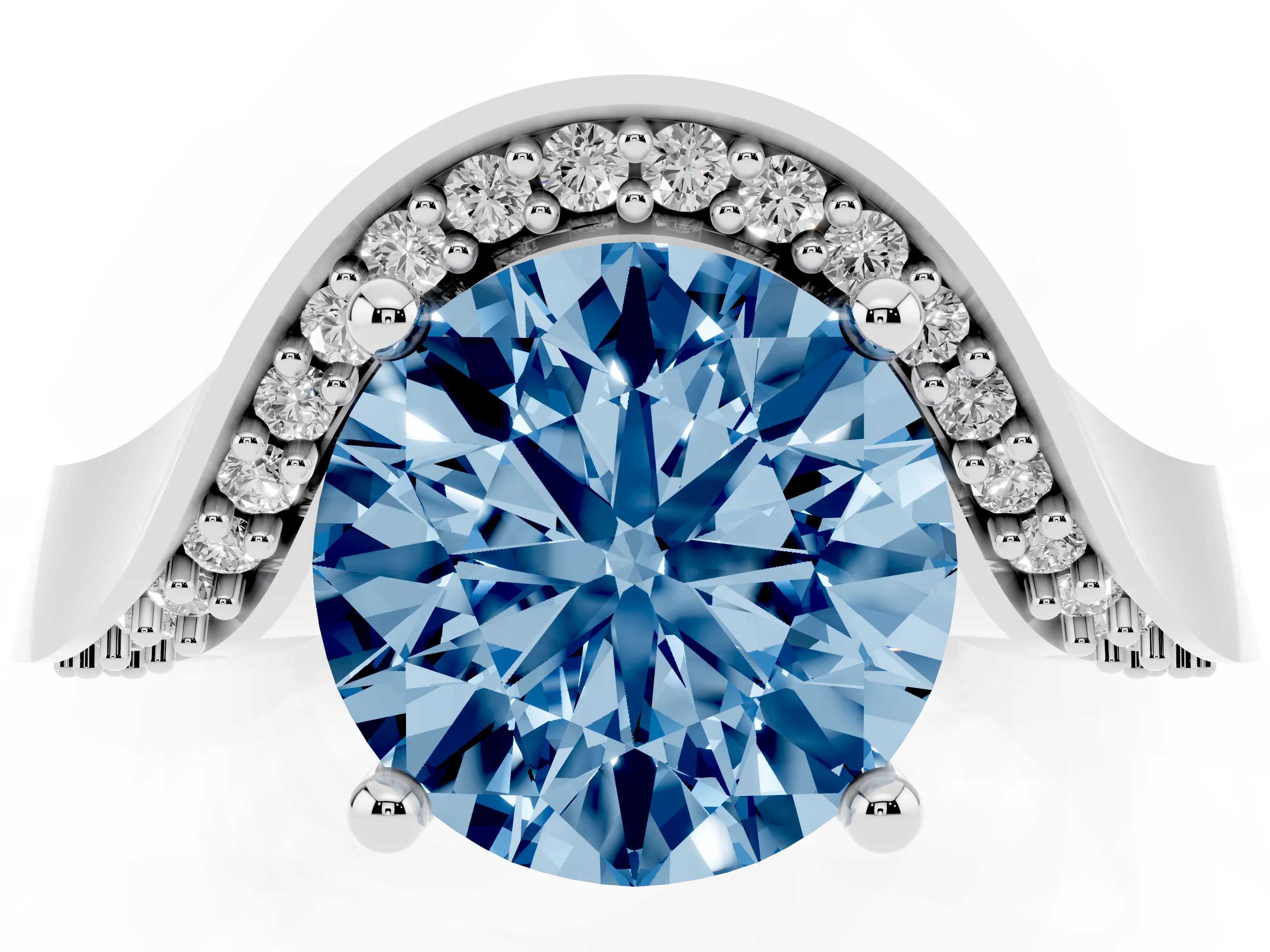 Fancy Blue Round Cut Diamond Solitaire Engagement Ring Set in Silver with Pavé Shoulders