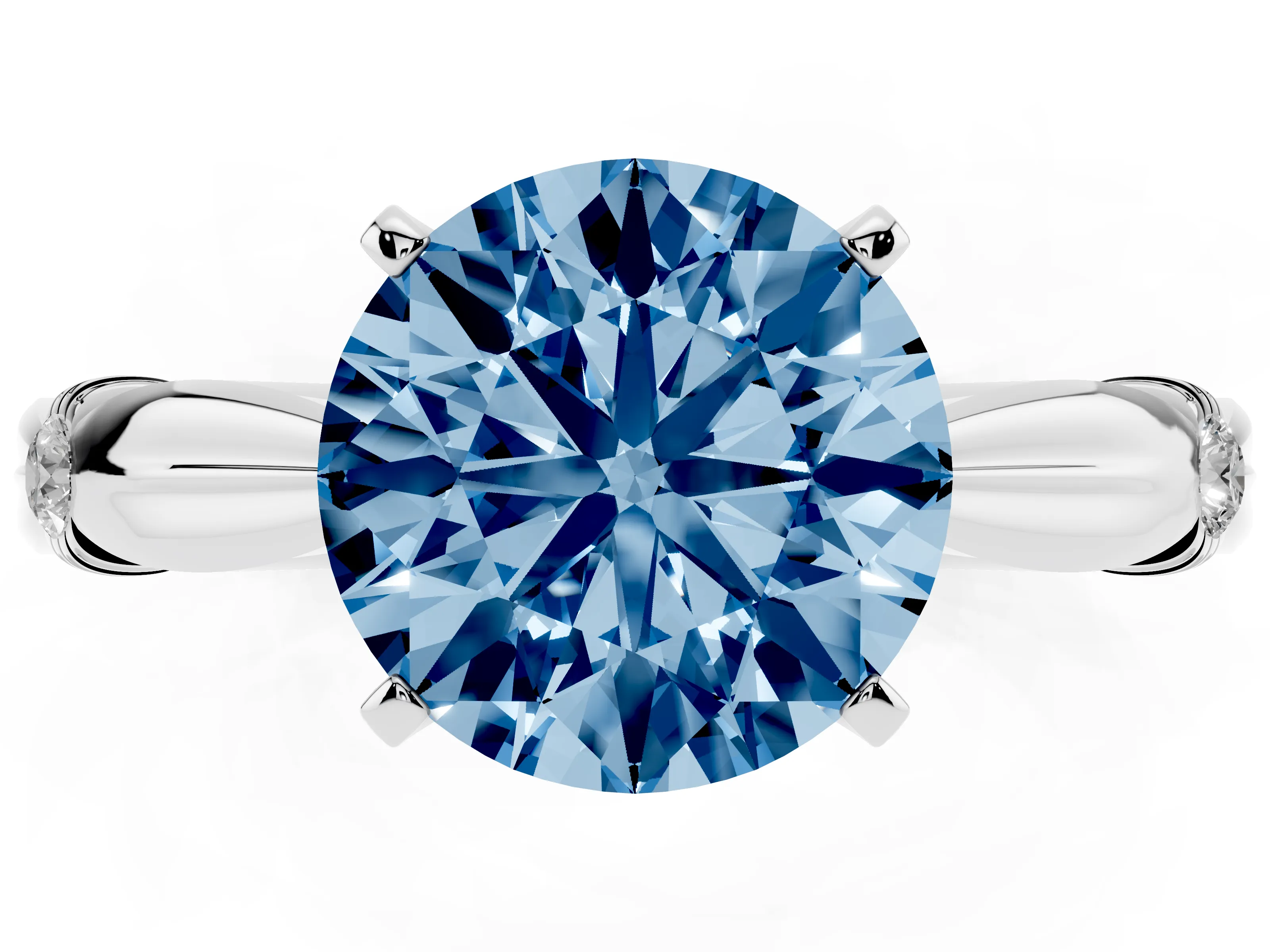 Fancy Blue Round Cut Diamond Solitaire Twisted Band Ring Set in Silver with Accent Stones and Prong Setting