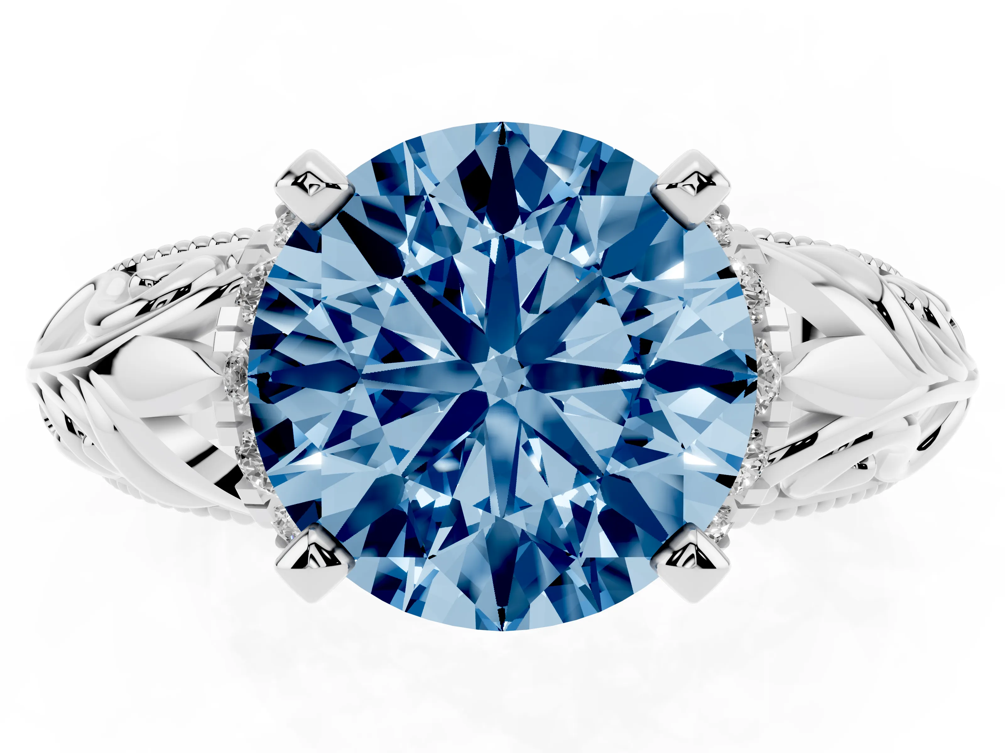 Fancy Blue Round Cut Diamond Filigree Halo Engagement Ring Set in Silver with Prong Setting