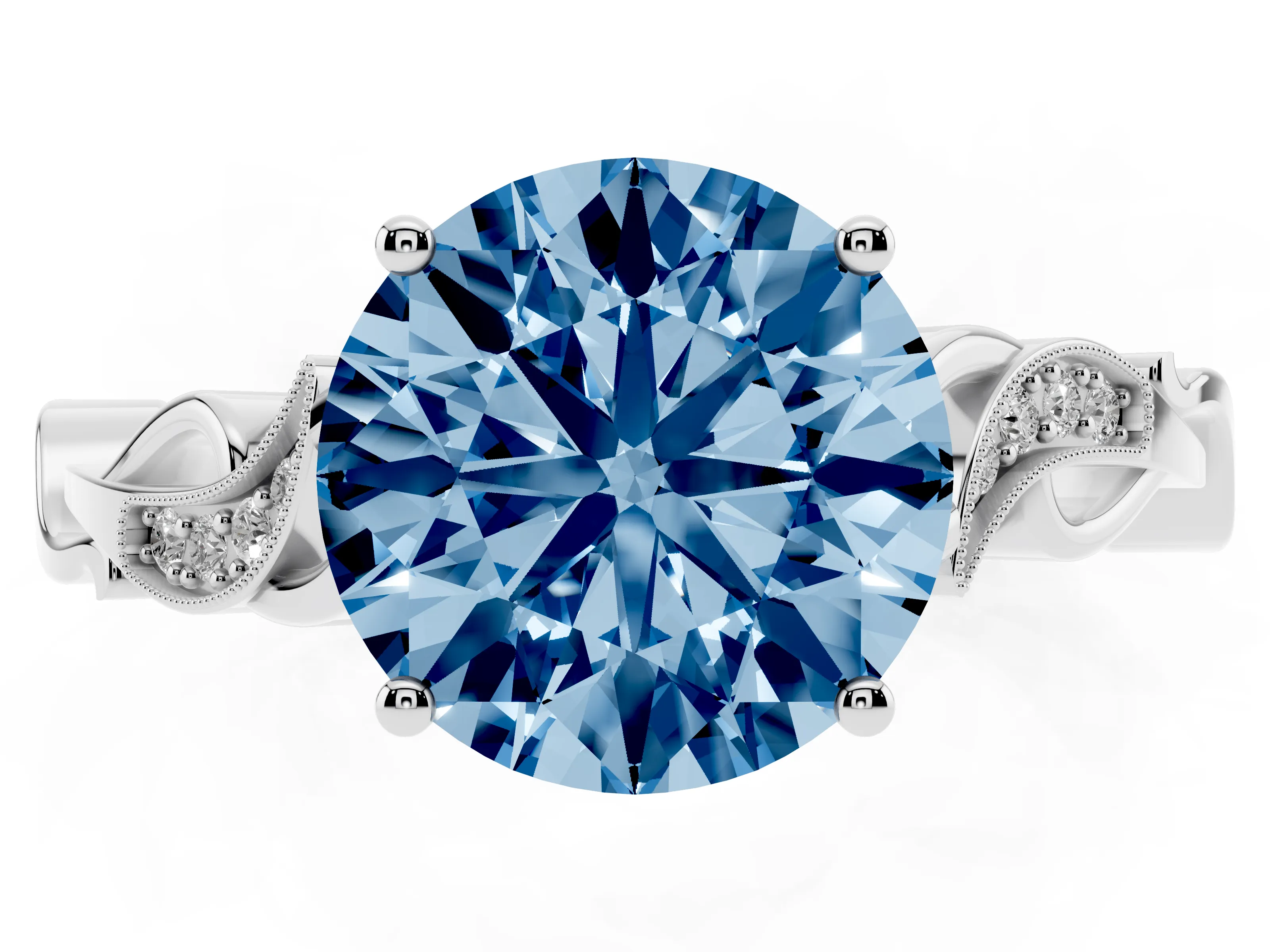 Fancy Blue Round Cut Diamond Vine Band Solitaire Ring Set in Platinum with Milgrain Prong Setting