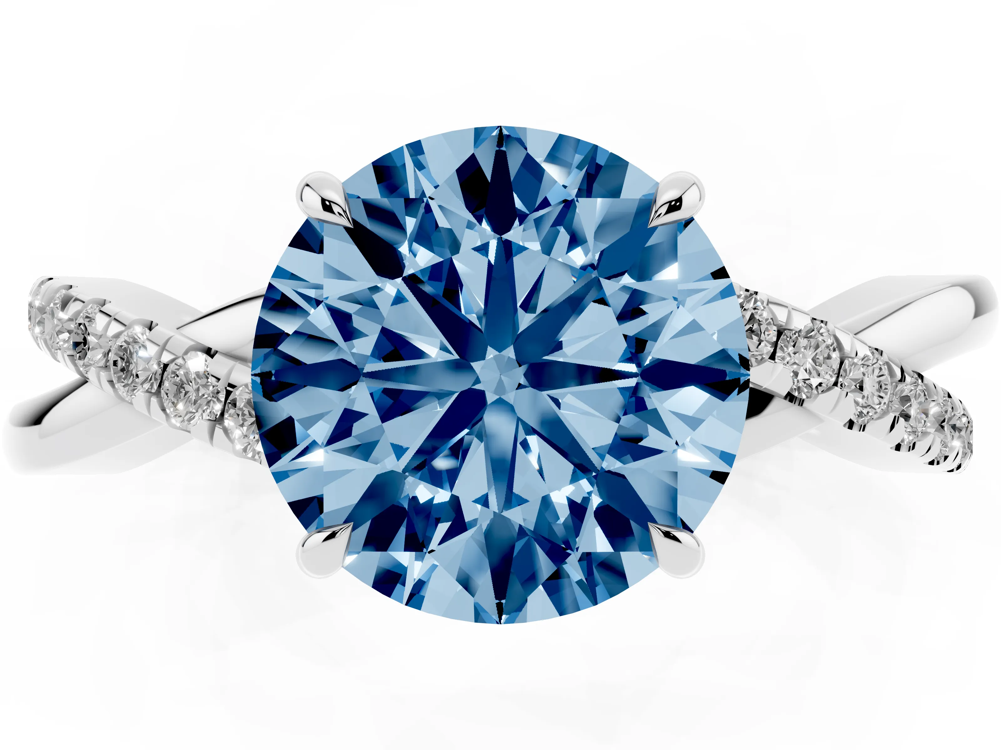 Fancy Blue Round Cut Diamond Twisted Pavé Band Ring Set in Silver with Prong Setting