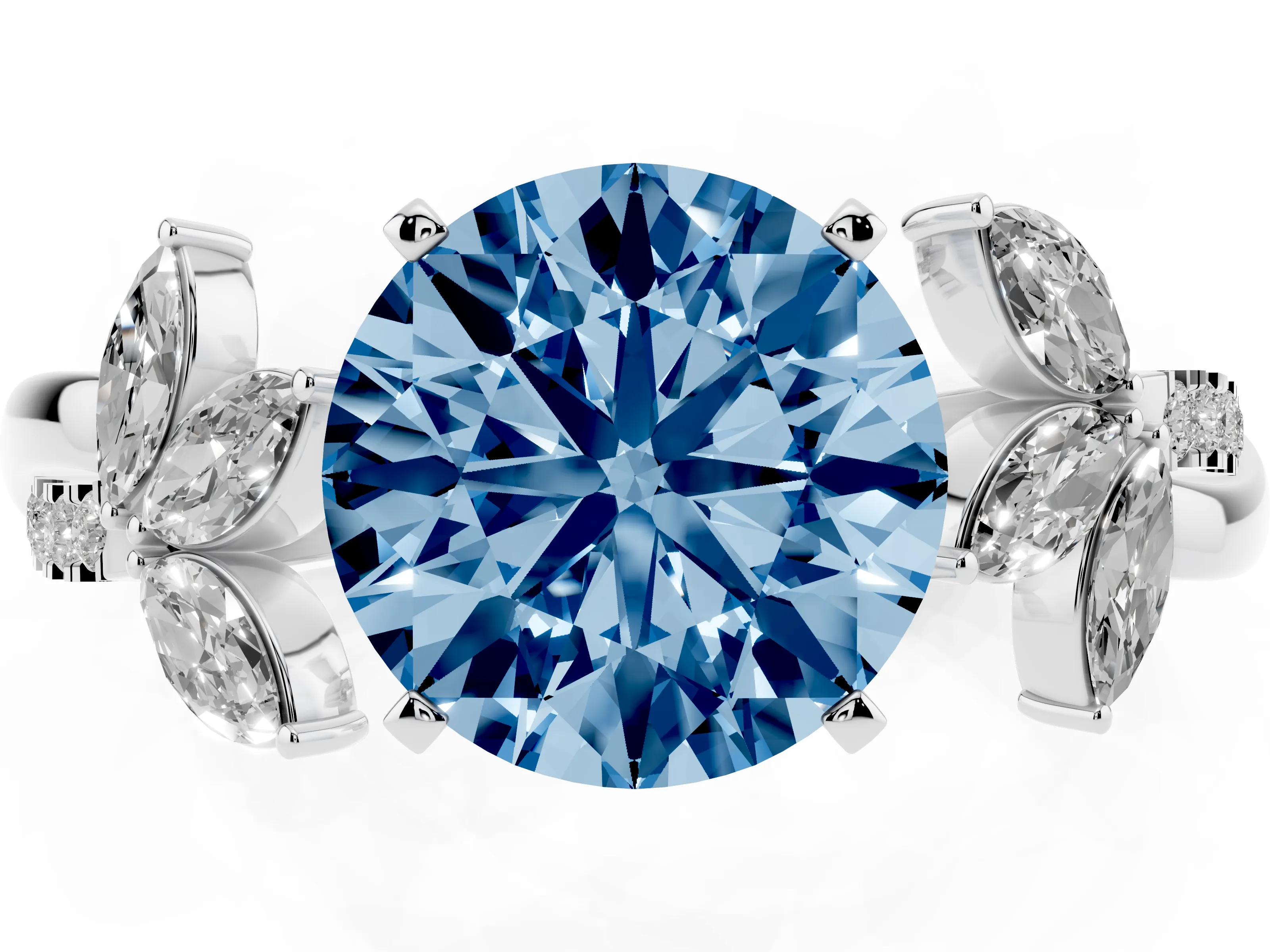 Fancy Blue Round Cut Diamond Floral Vine Solitaire Engagement Ring Set in Silver with Marquise Leaves