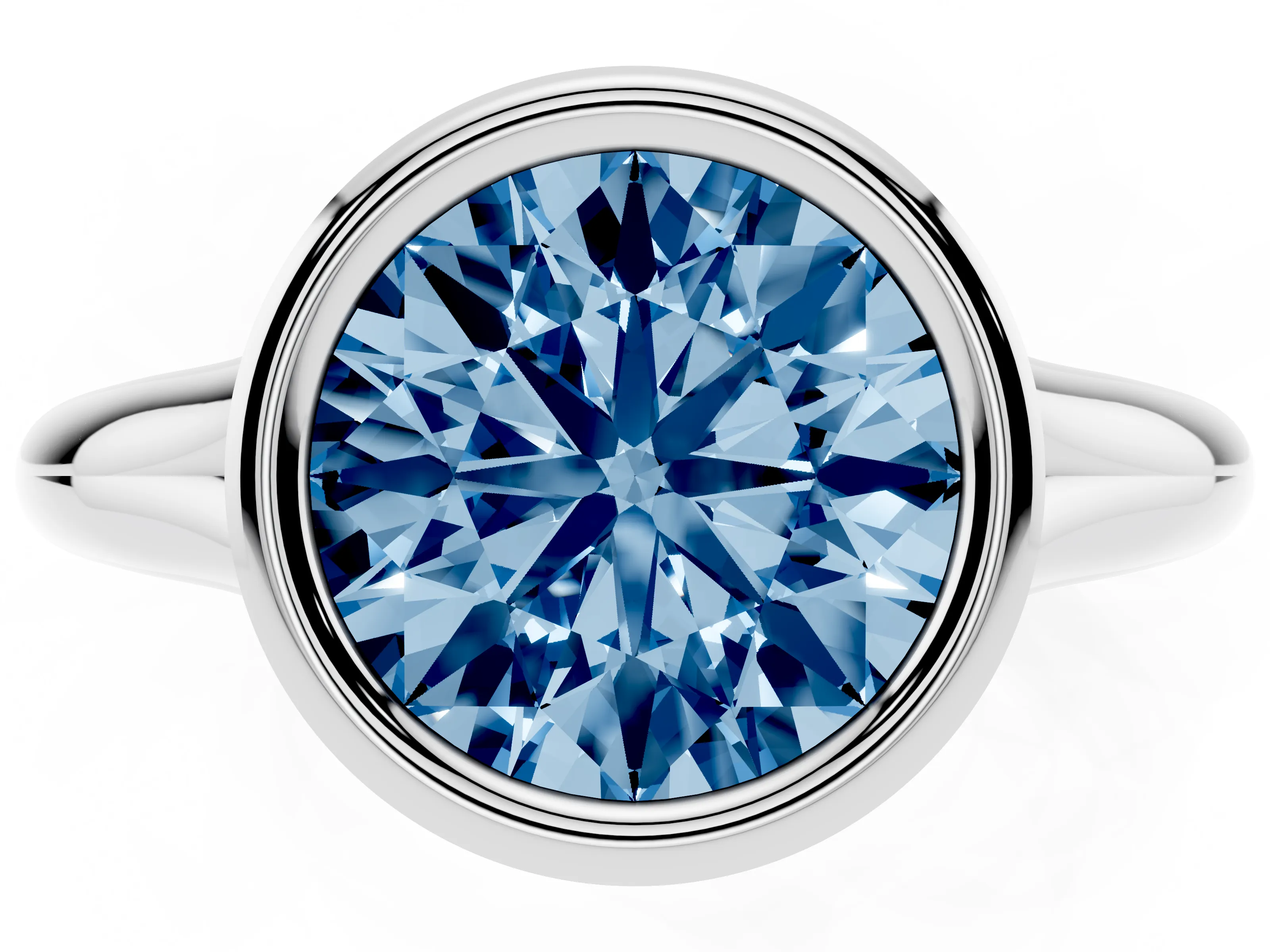 Fancy Blue Bezel Set Round Cut Diamond Solitaire Ring Set in Platinum with Smooth Band