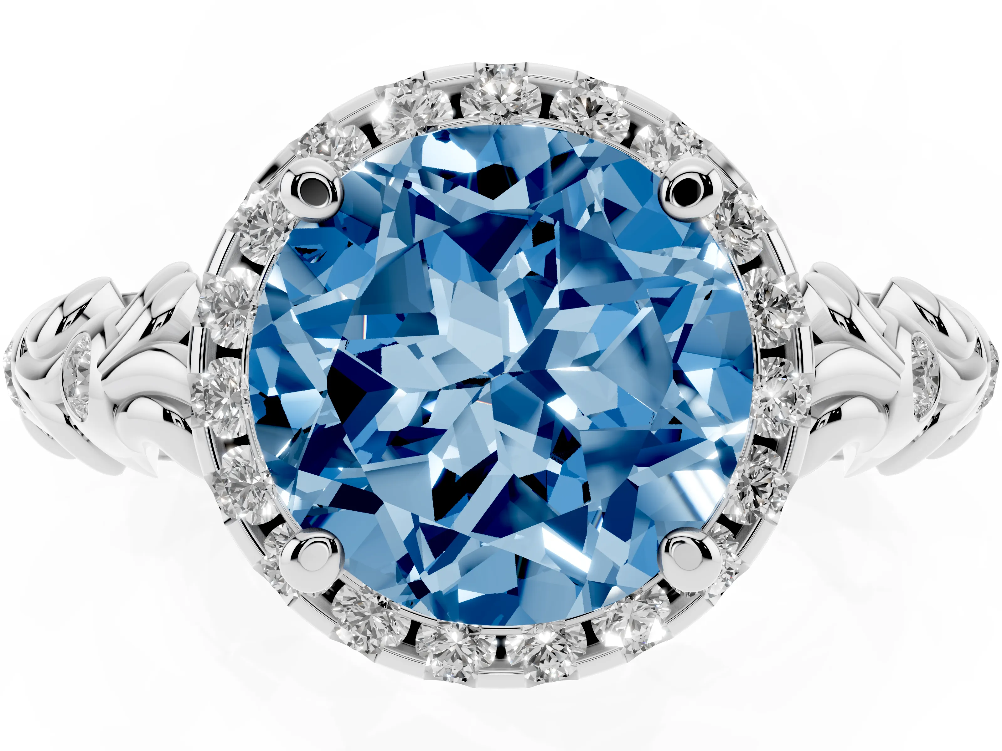 Fancy Blue Round Cut Diamond Halo Ring Set in Platinum with Filigree Leaf Band and Prong Setting